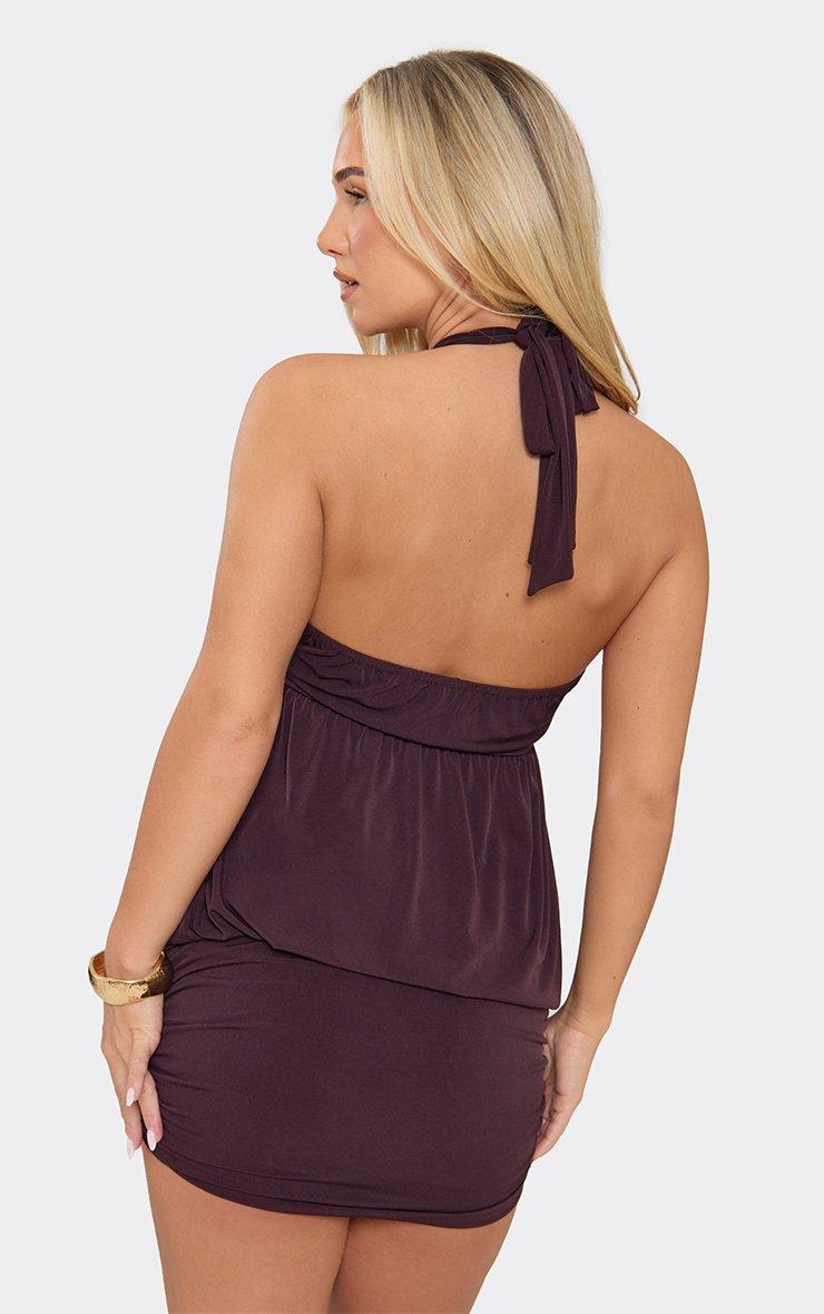 Halterneck Ruched Blouson Mini Dress In Chocolate Brown