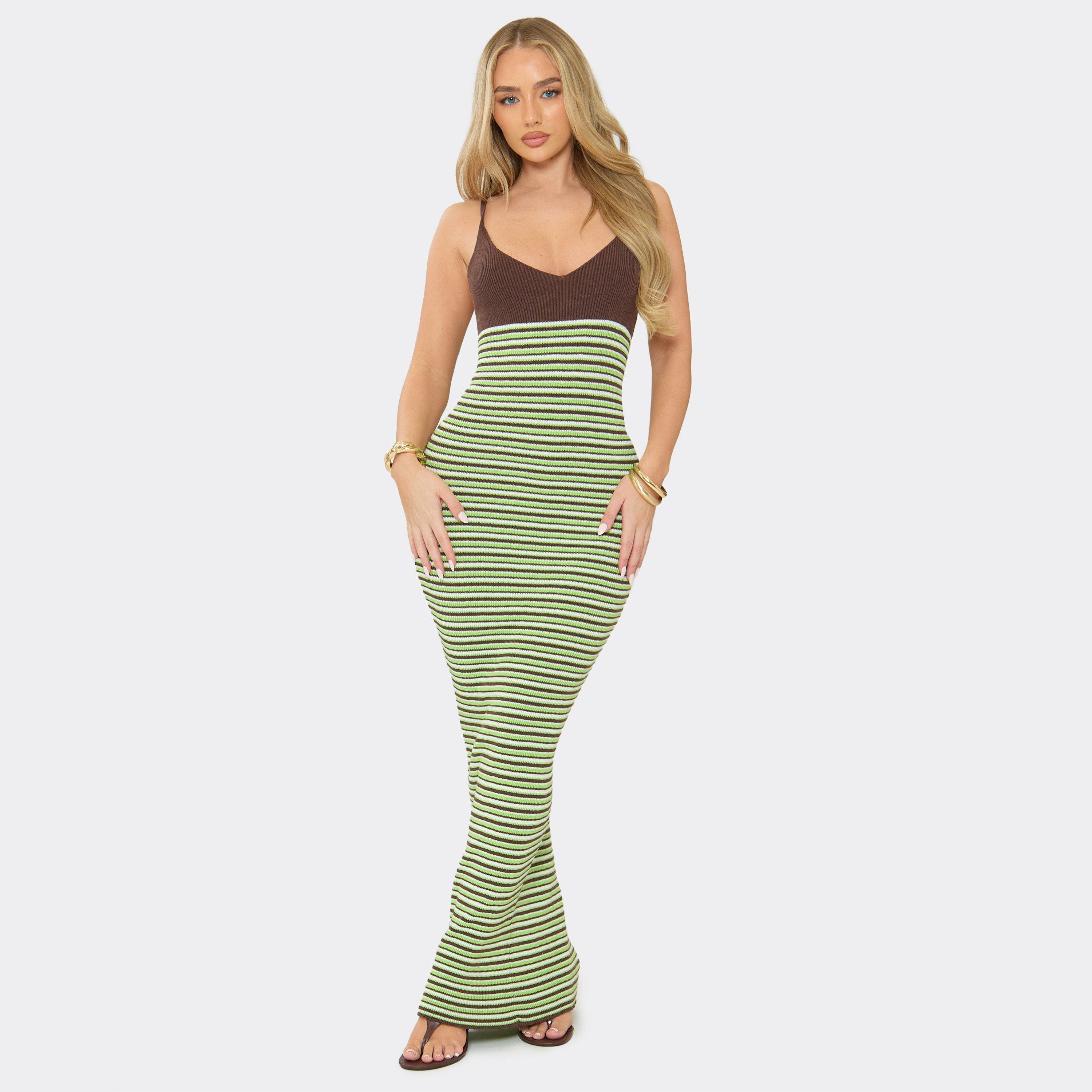 Strappy Contrast Maxi Dress In Green Multi Stripe Knit, Women's Size UK L