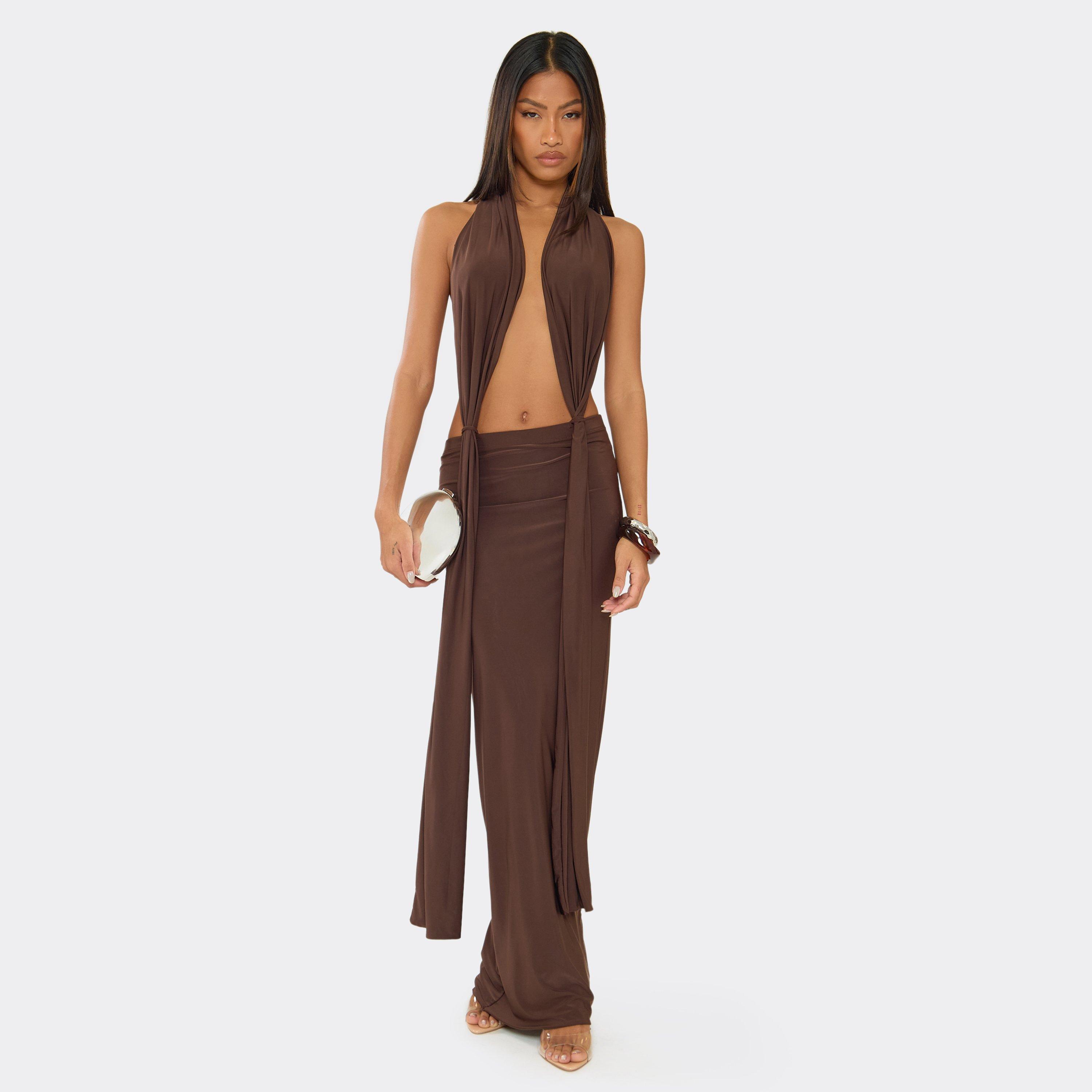 Halterneck Plunge Front Knot Detail Maxi Dress In Chocolate Brown, Women’s