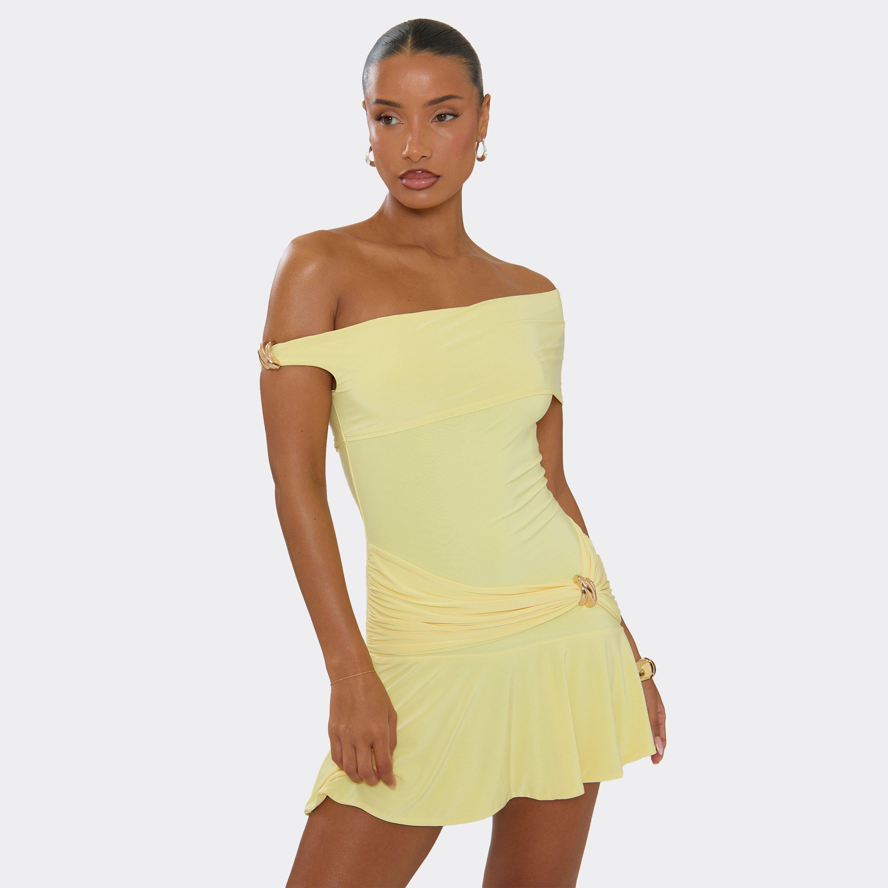 Bardot Trim Detail Frilled Hem Mini Dress In Lemon, Women’s