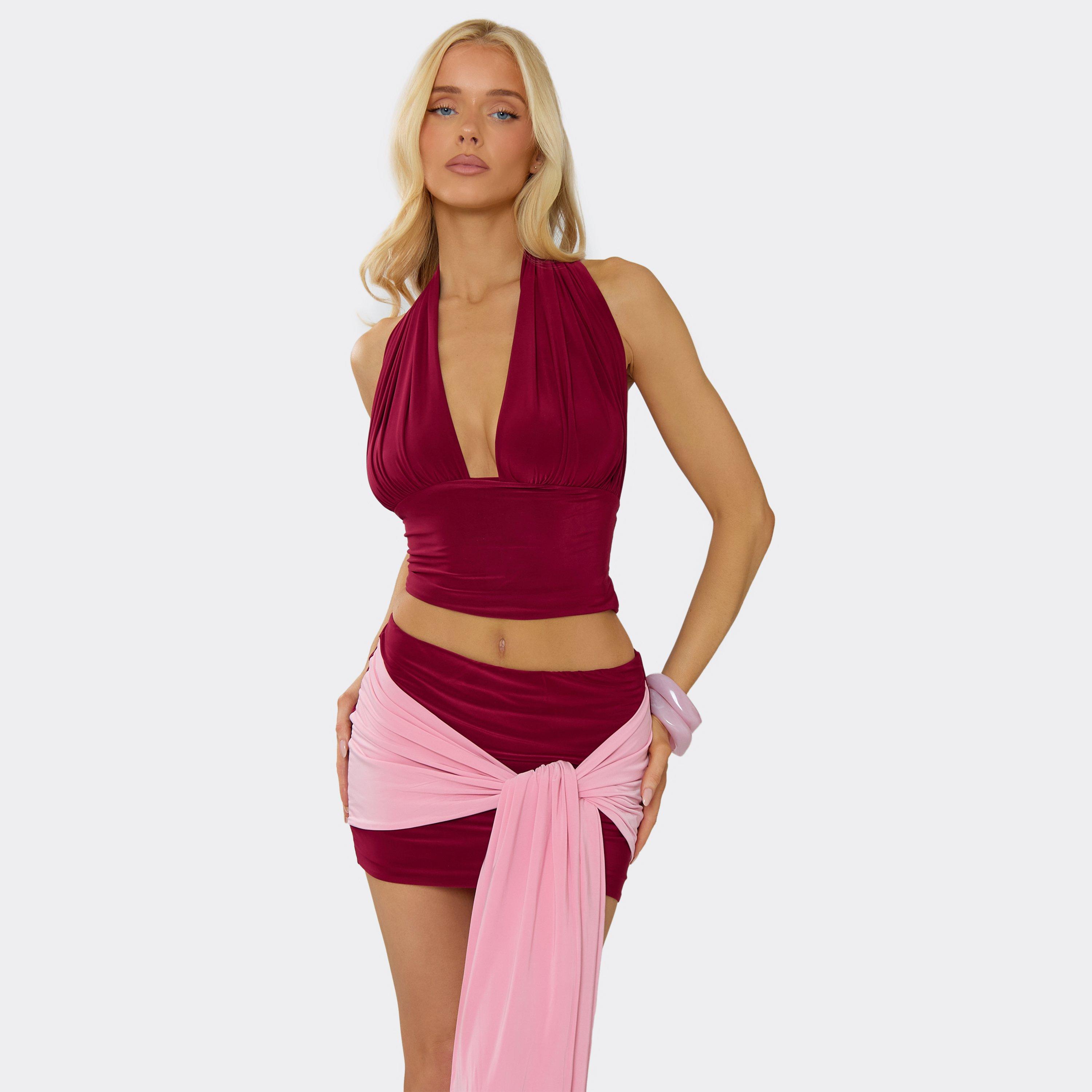 Image of Knot Tie Back Plunge Halterneck Top In Burgundy, Women's