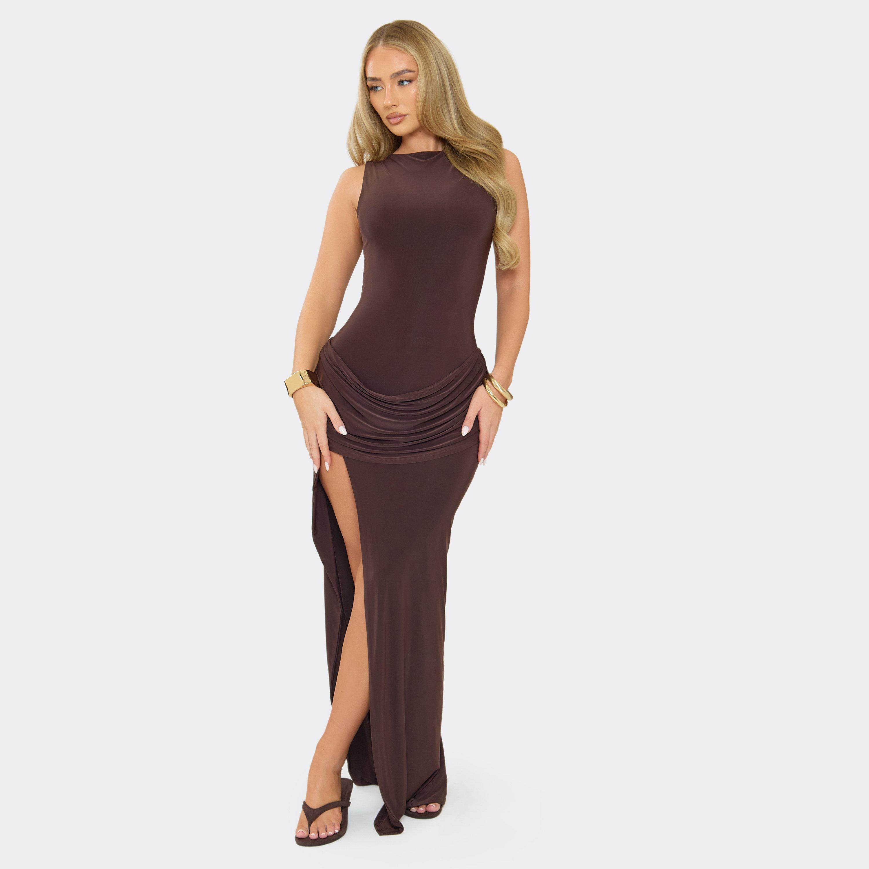 Boat Neck Drape Panel Split Leg Maxi Dress In Chocolate Brown, Women’s