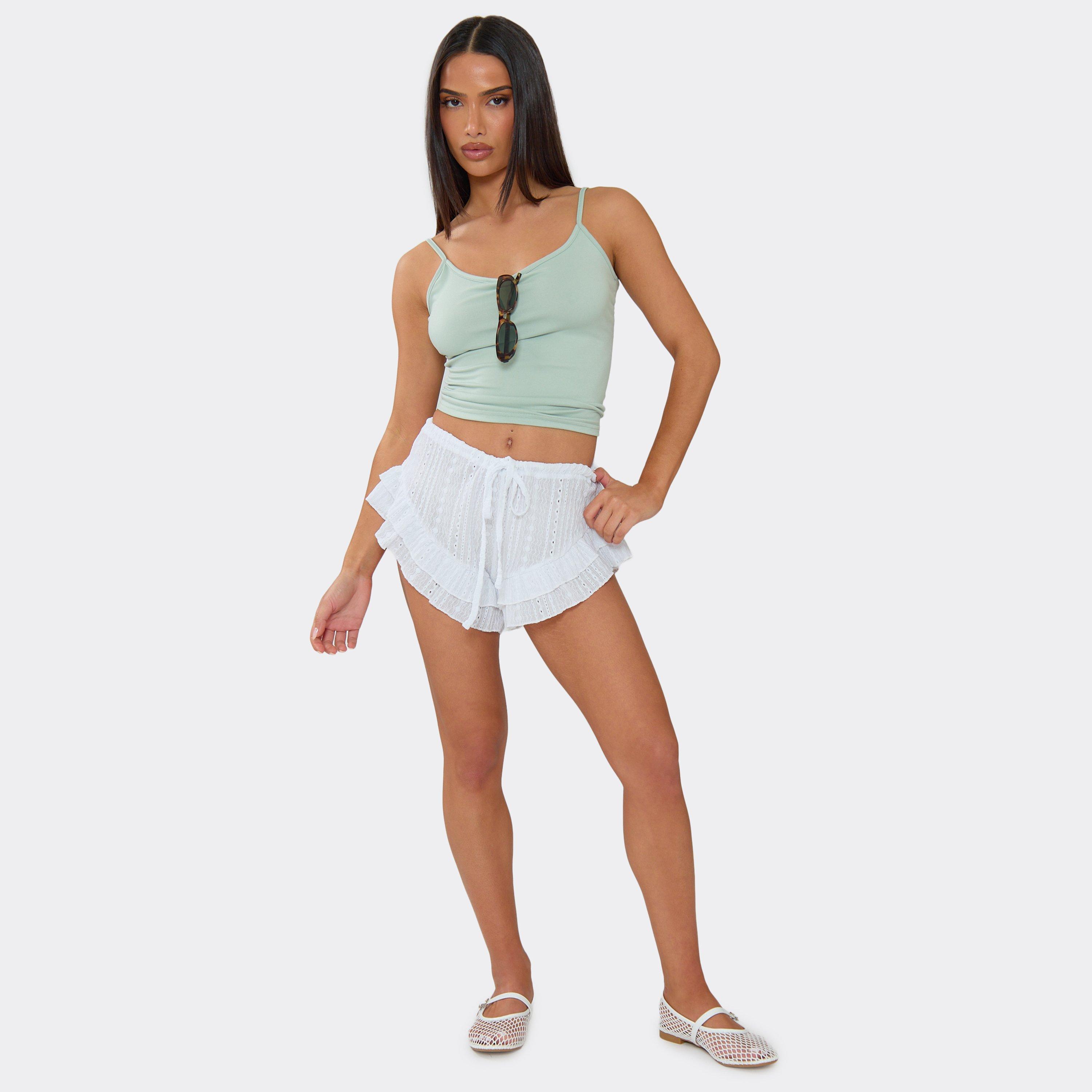 Drawstring Waist Frilled Hem Mini Shorts In White Texture, Women’s