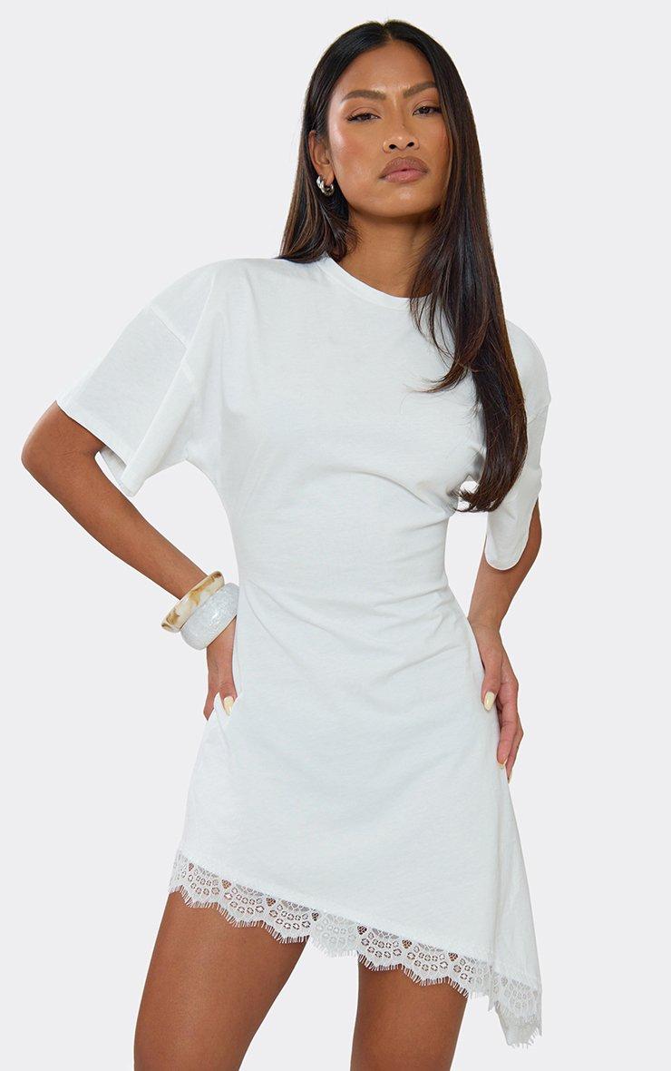 white lace dress with short sleeves Sleeve Cut Out Trim A-Line Mini In | EGO US Style with nude strappy high heels Short Sleeve Cinched Waist Asymmetric