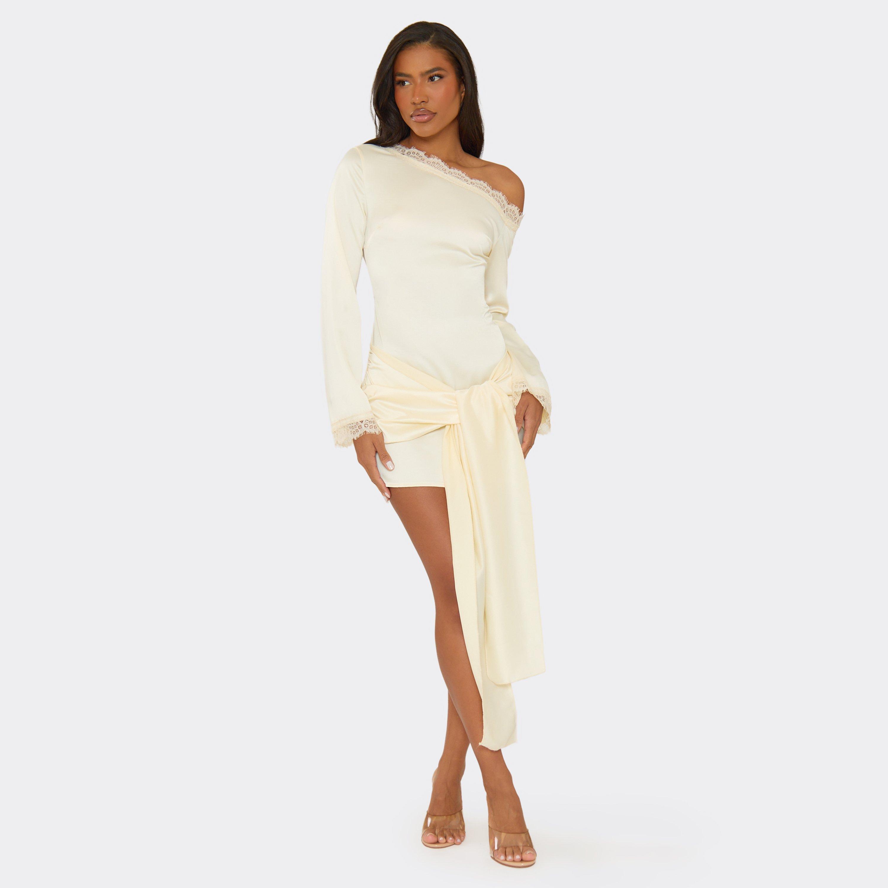 Off The Shoulder Lace Trim Drape Front Mini Dress In Cream, Women’s