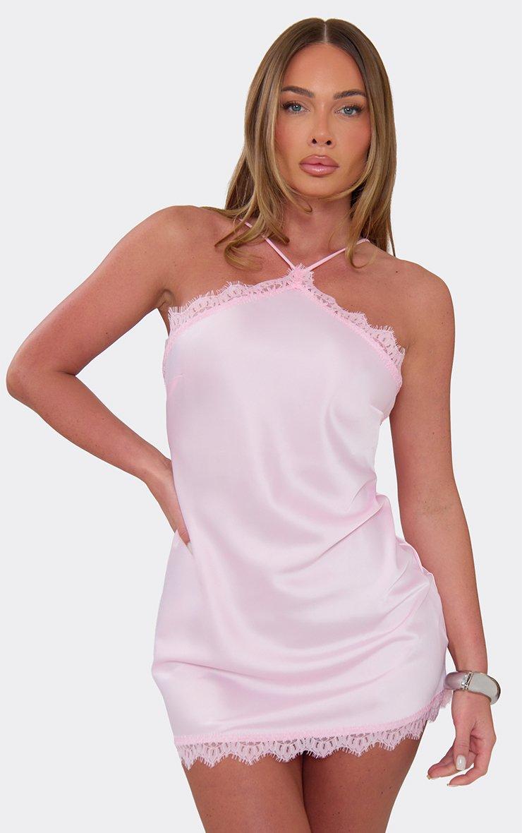 Halterneck Two Tone Lace Trim Mini Dress In Baby Pink | EGO US | EGO