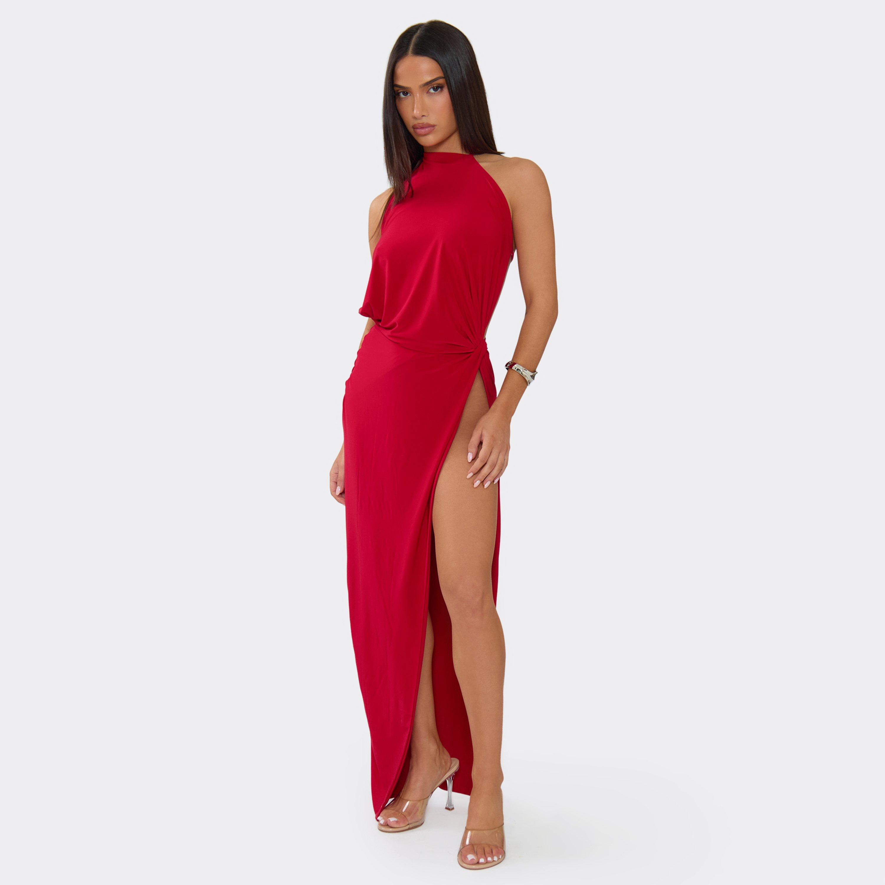 High Neck Open Back Knot Detail Side Split Maxi Dress In Red, Women's Size UK 6