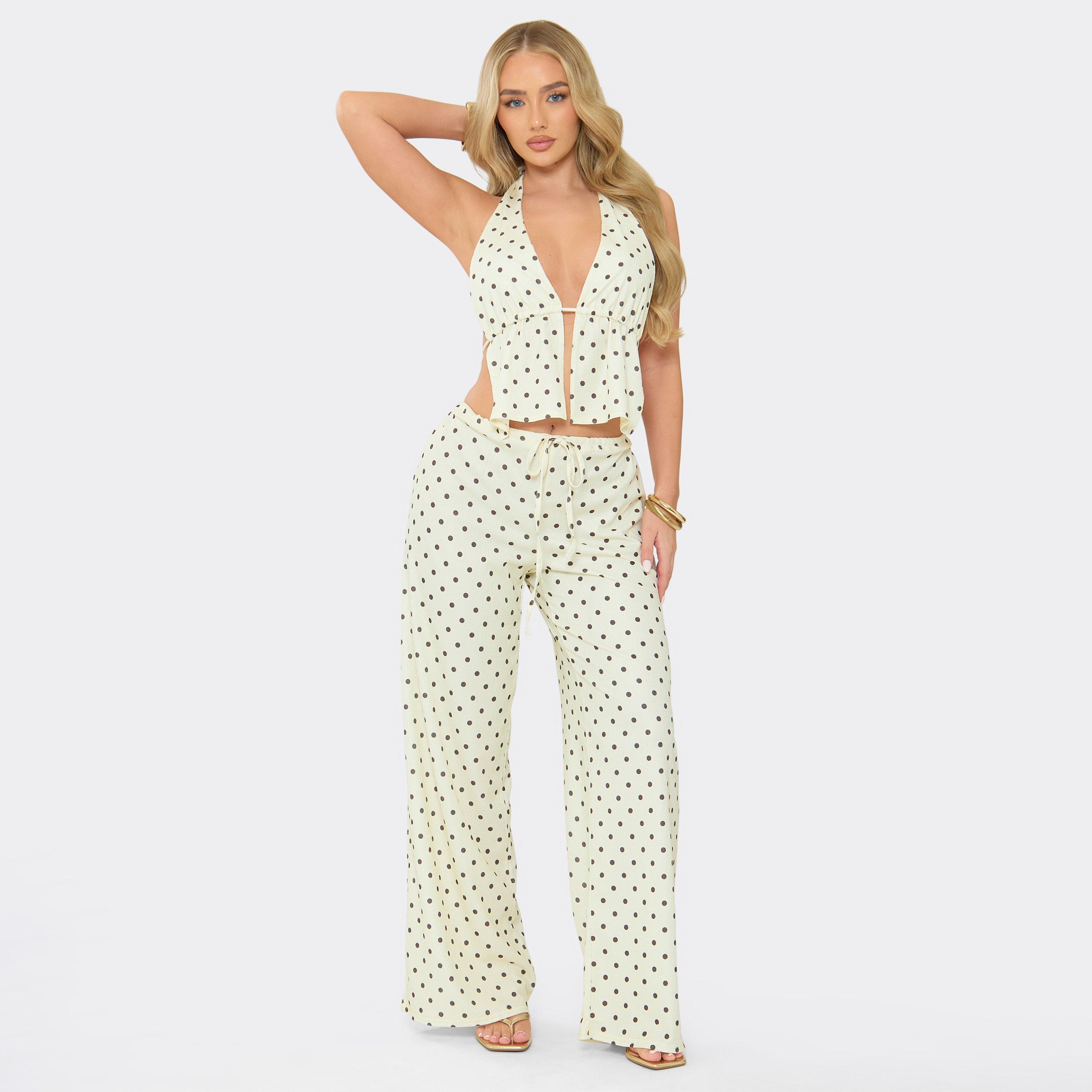 Image of Tie Waist Wide Leg Trousers In Lemon Polka Dot, Women's