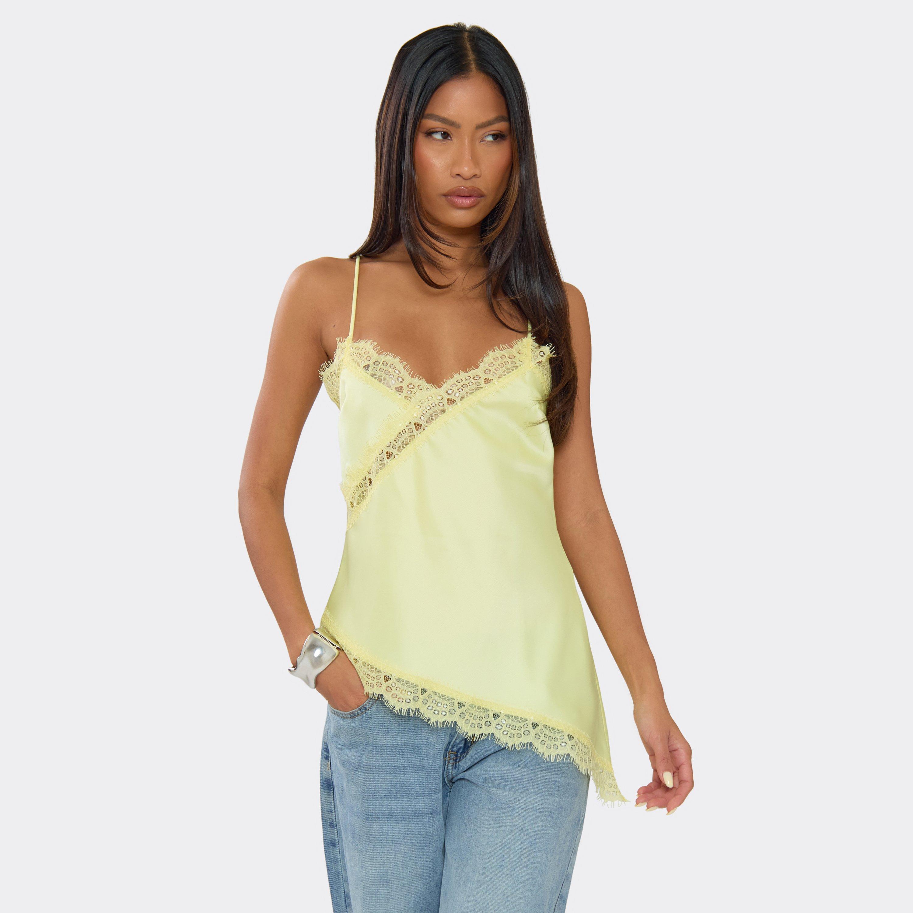 Image of Strappy Lace Trim Asymmetric Hem Top In Yellow Satin, Women's