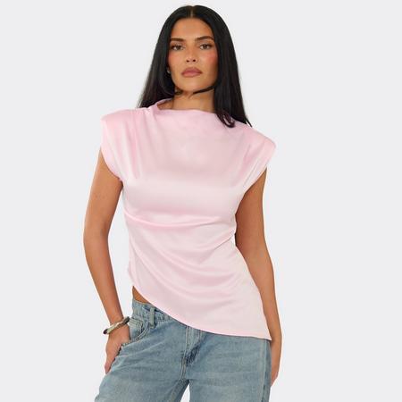 Shoulder Pad Ruched Asymmetric Hem Top In Pink Satin, Women's Size US