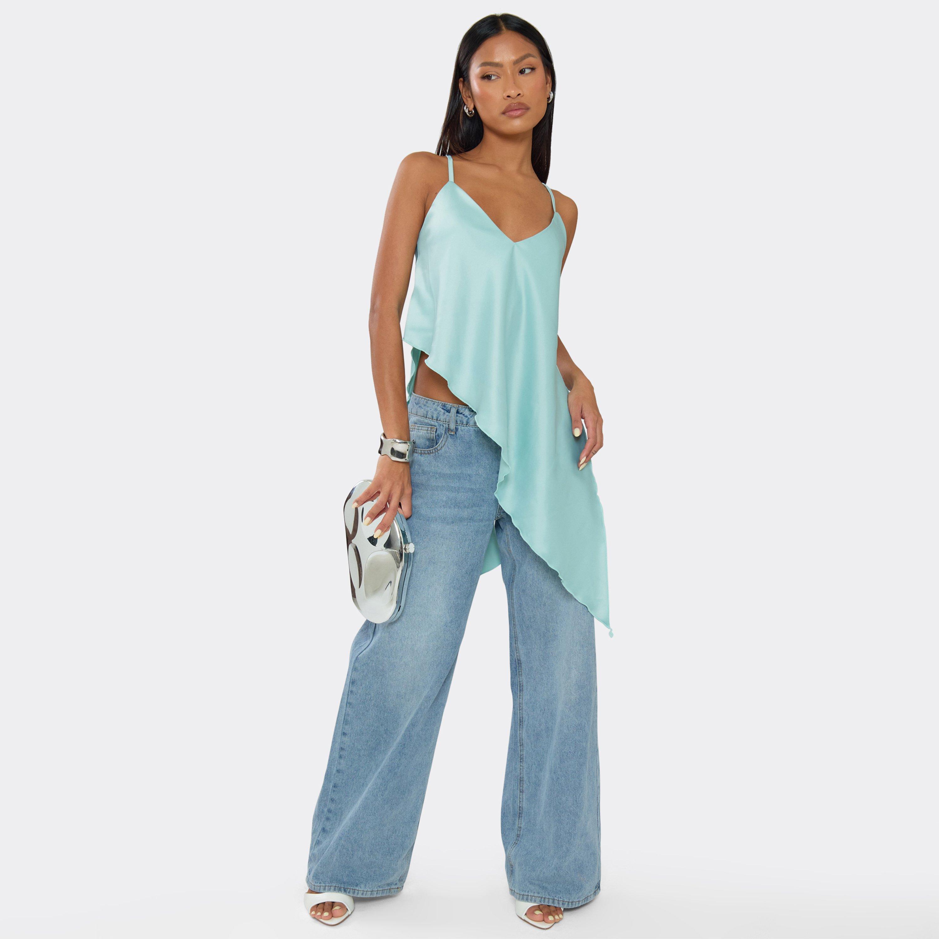 Image of Strappy Cross Back Asymmetric Draped Top In Green Satin, Women's