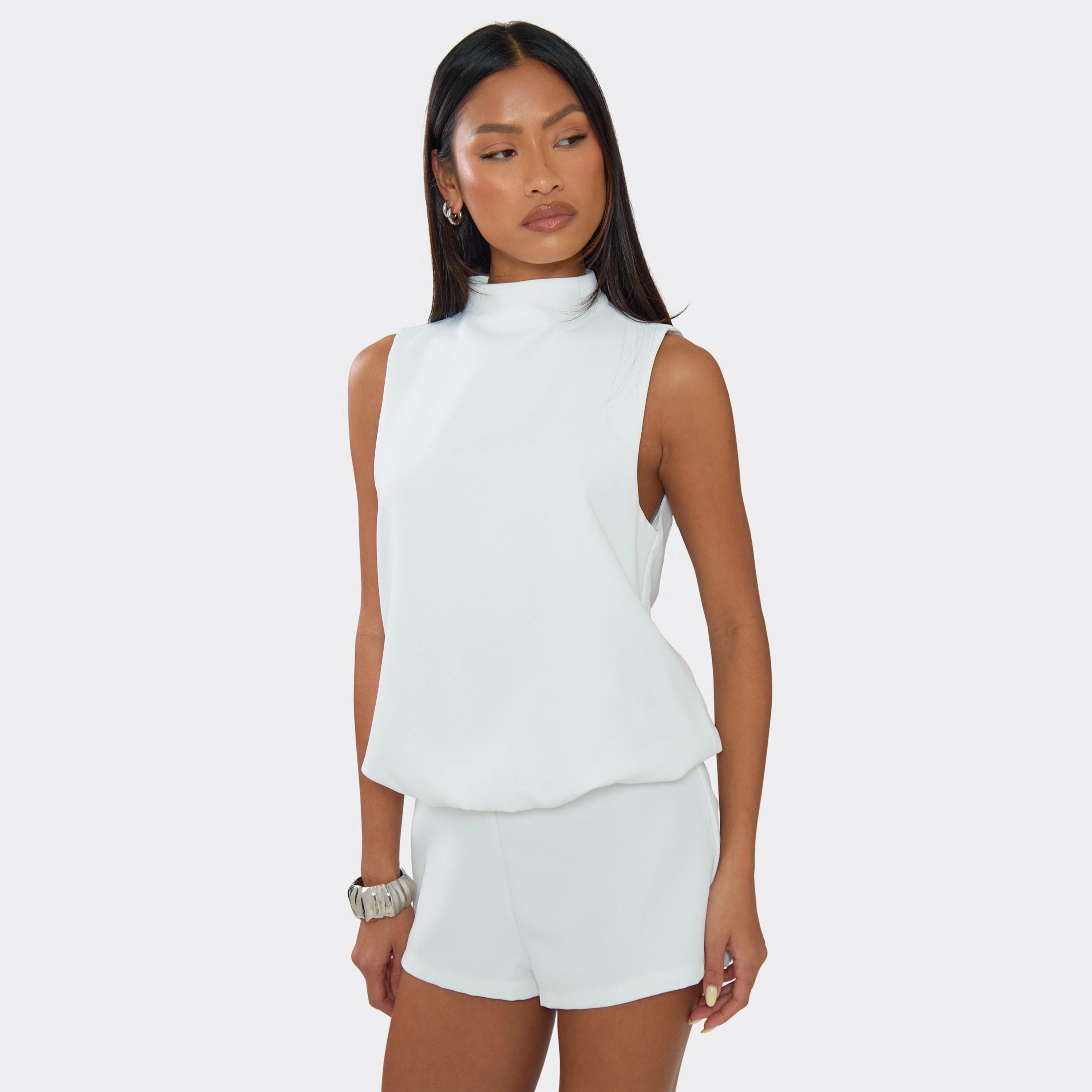 Image of High Funnel Neck Sleeveless Playsuit In Cream, Women's