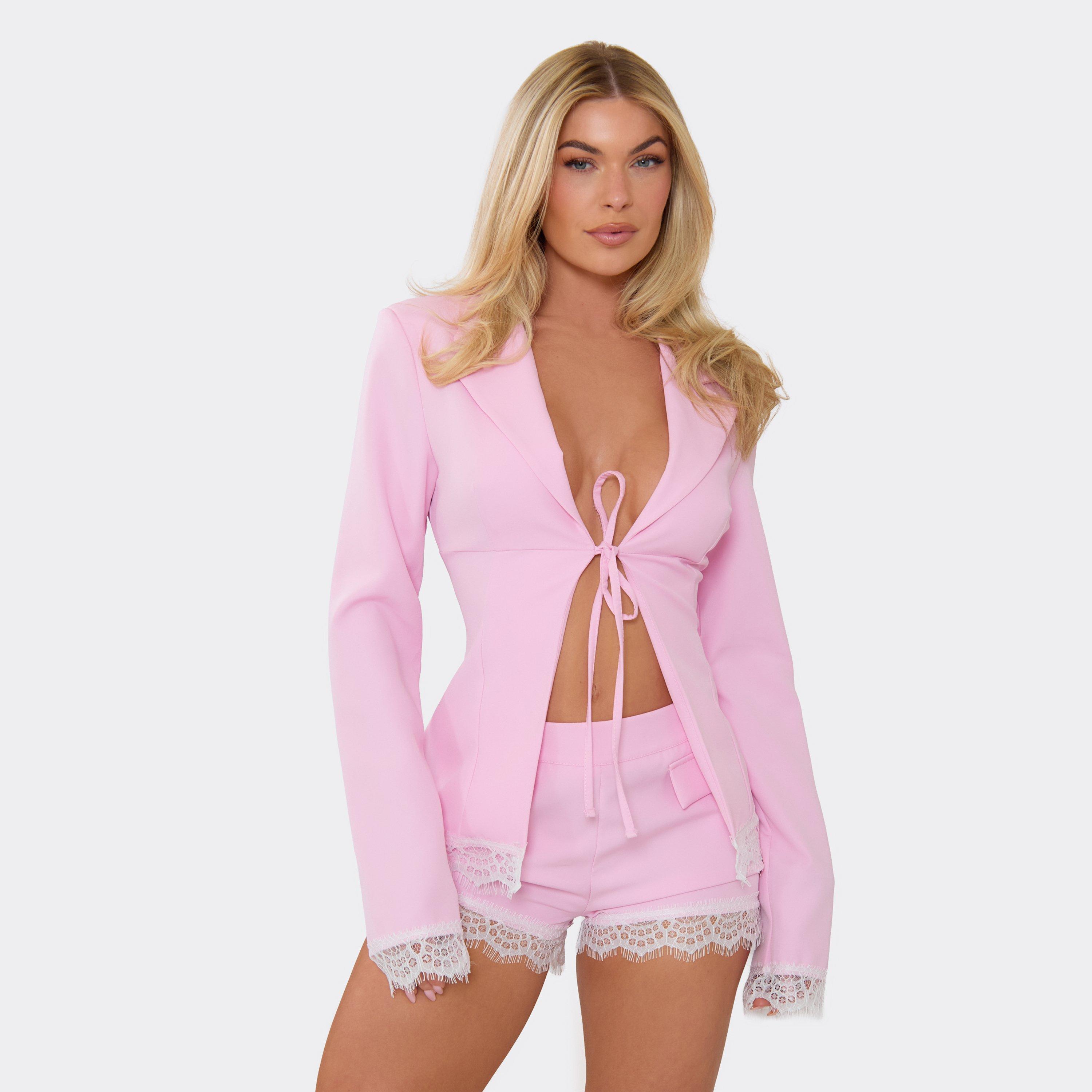 Long Sleeve Tie Front Lace Trim Top In Pink, Women's Size UK 6