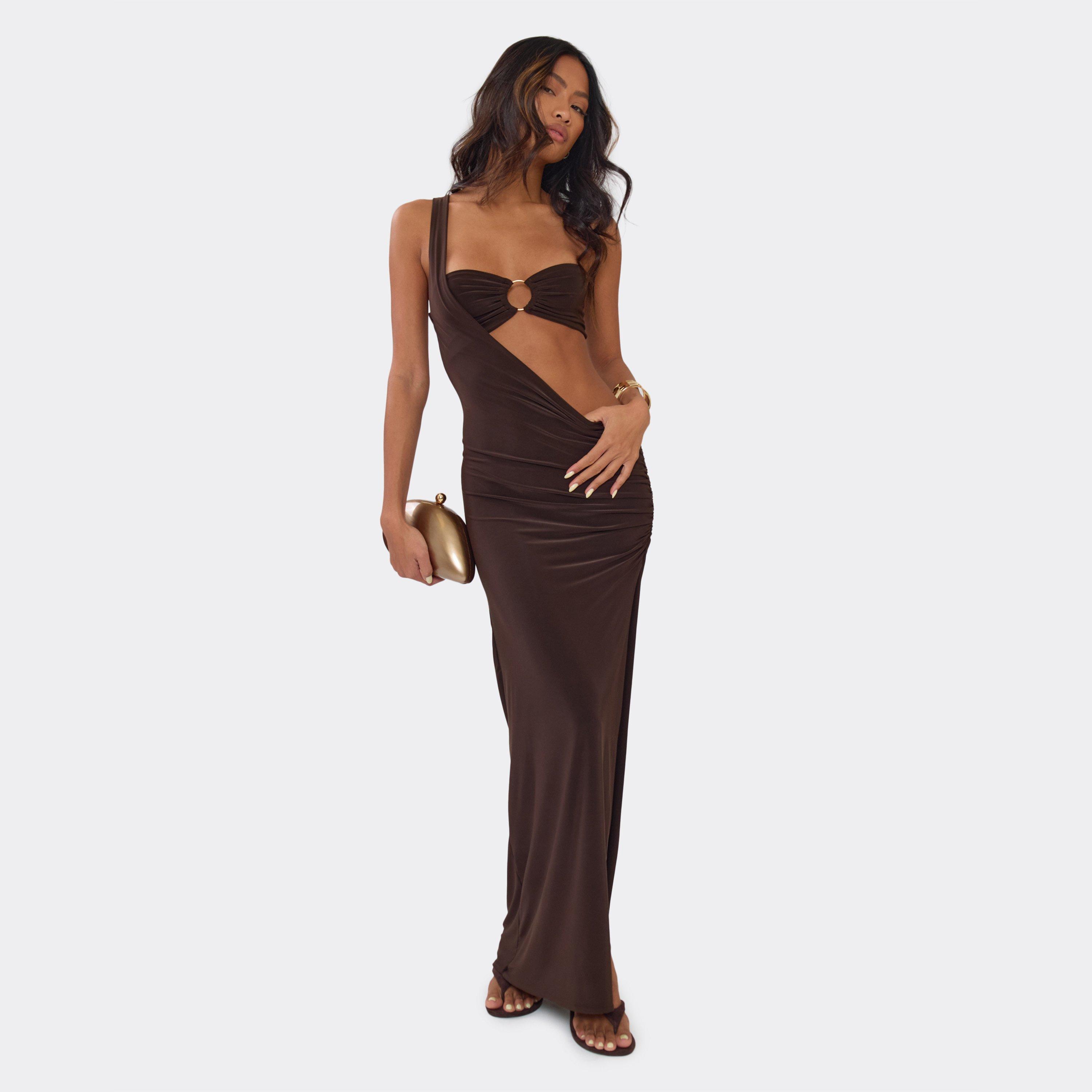 One Shoulder Trim Detail Split Leg Maxi Dress In Chocolate Brown, Women’s