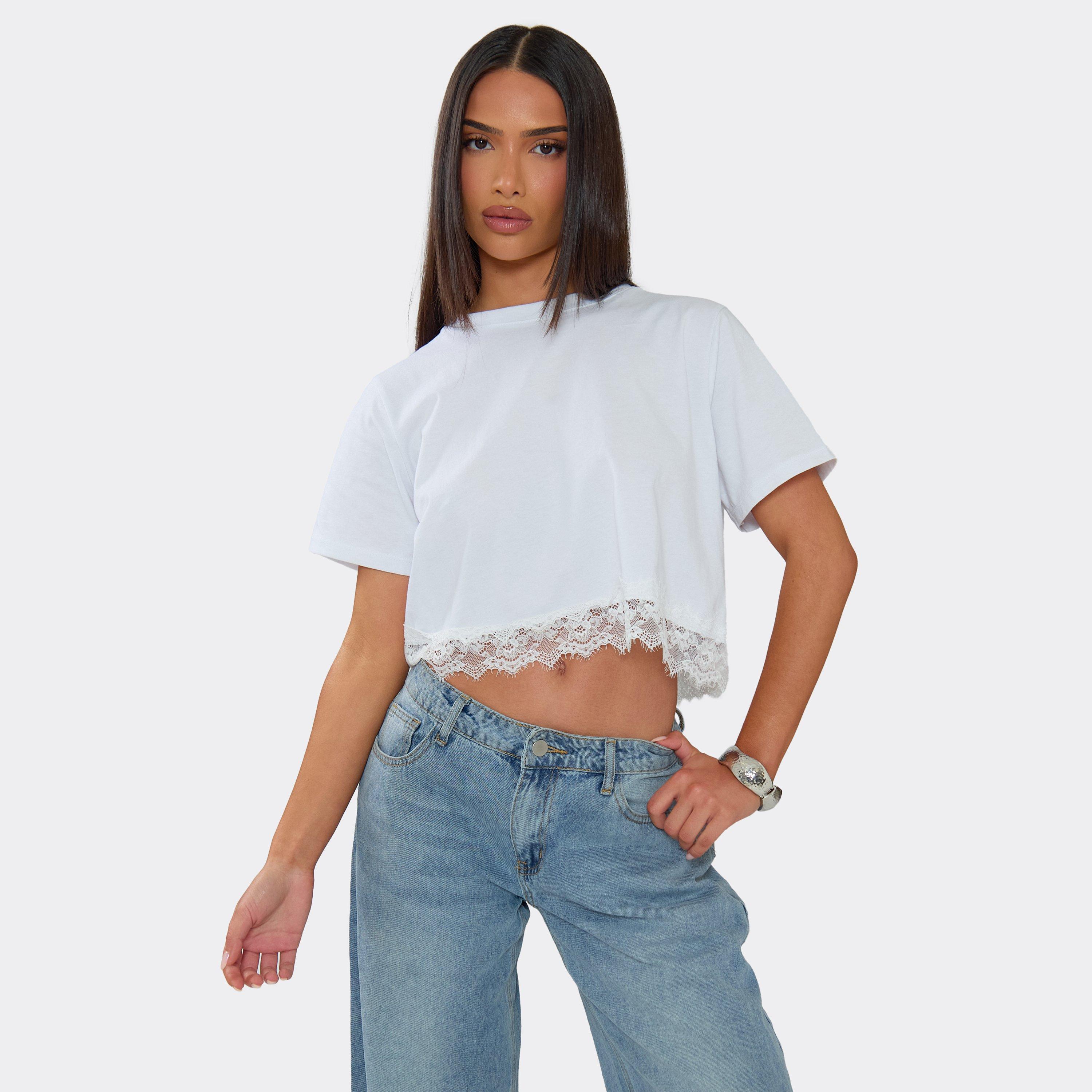 Image of Short Sleeve Lace Trim Cropped T-Shirt In White, Women's