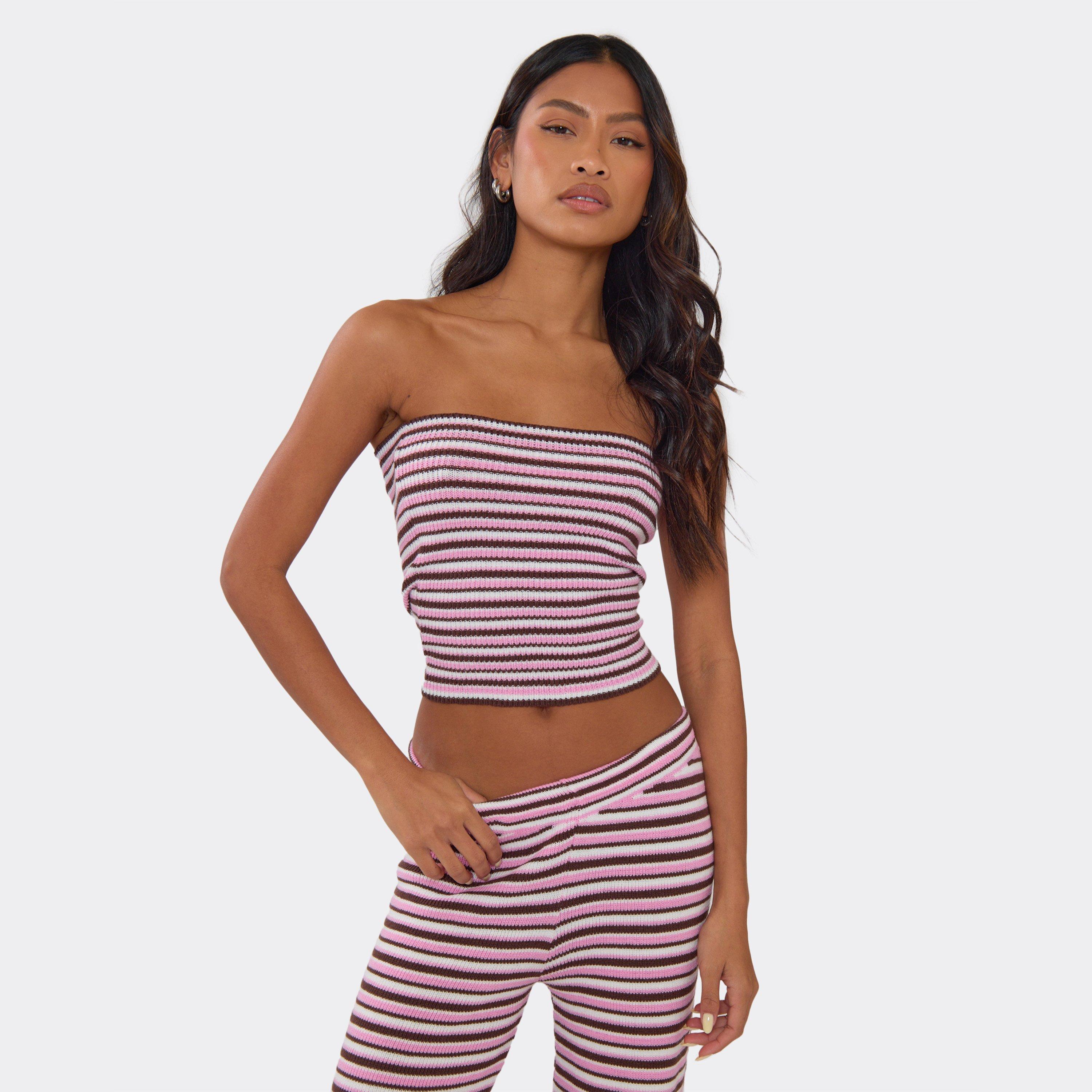 Image of Bandeau Top In Pink Multi Stripe Knit, Women's Size UK L