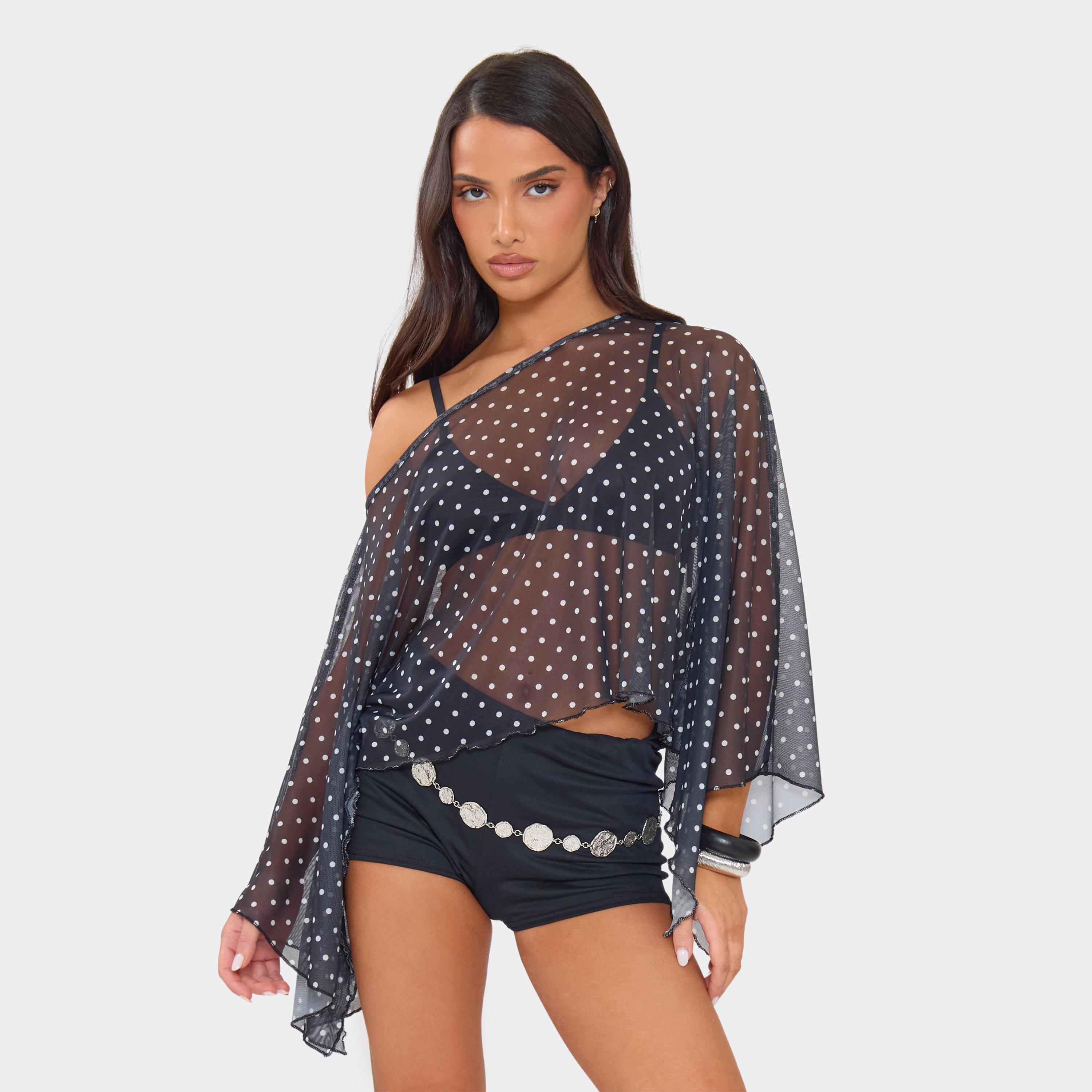 Image of Off The Shoulder Cape Top In Multi Polka Dot Print Mesh, Women's