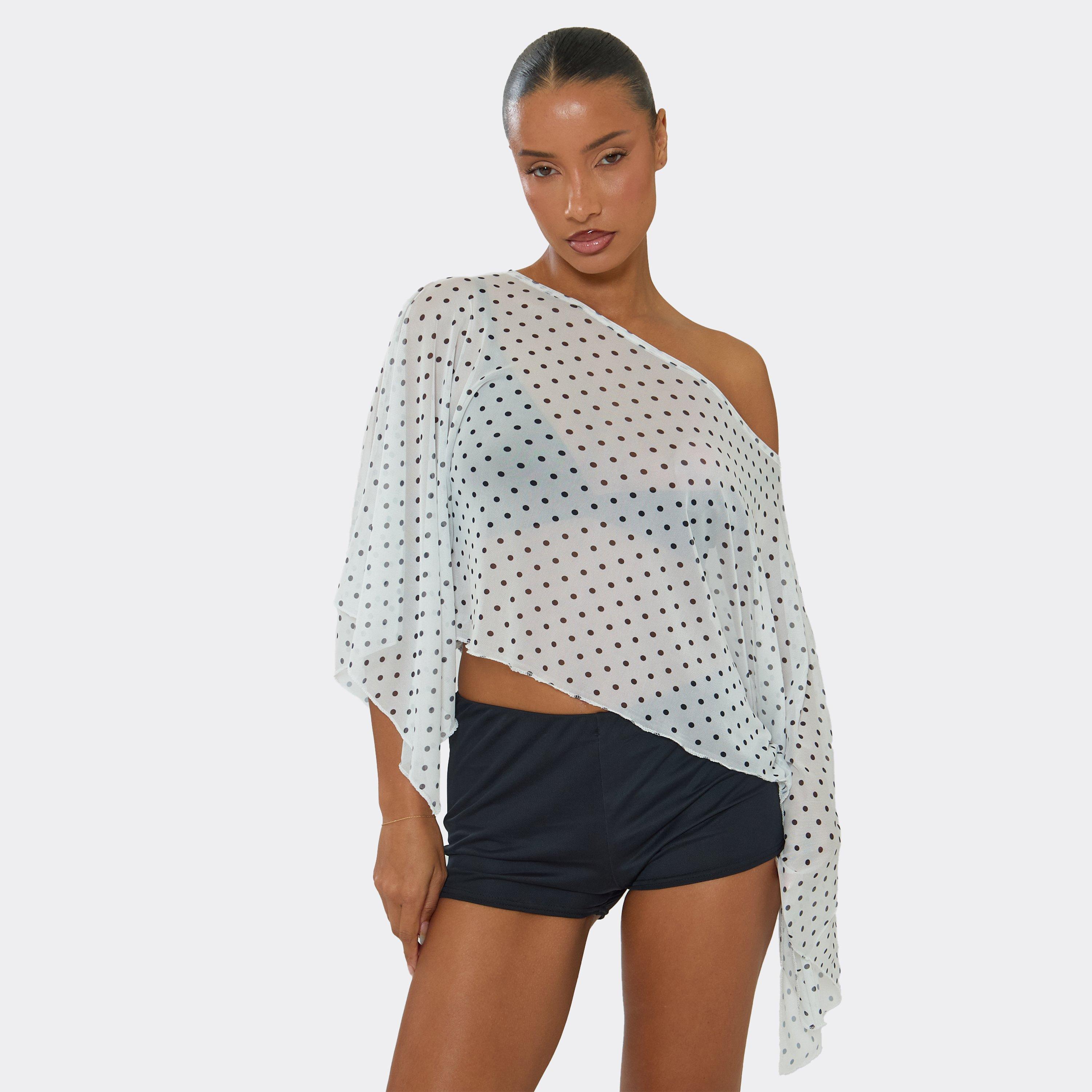 Image of Off The Shoulder Cape Top In White Polka Dot Print Mesh, Women's