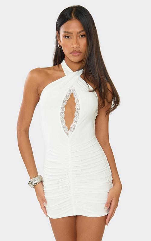 Plunge Halterneck Frill Detail Mini Bodycon Dress In Pink Lace | EGO UK
