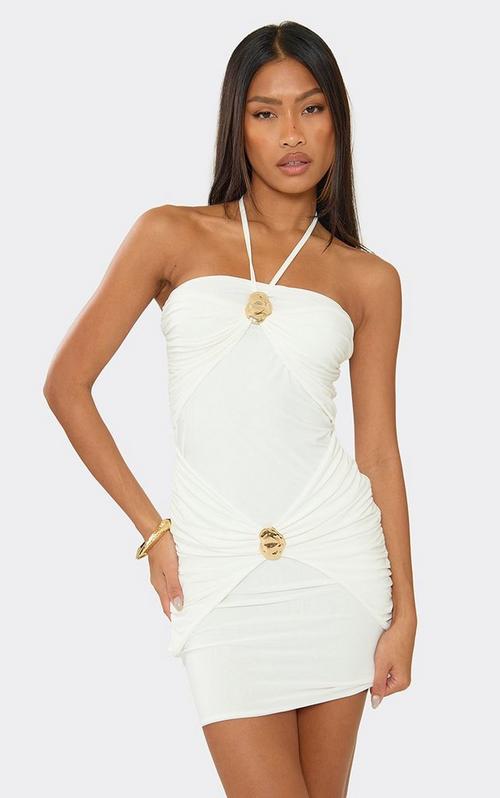 elisha ruched halter dress in white Neck Frill Hem Mini Broderie | EGO US Halter mini dress