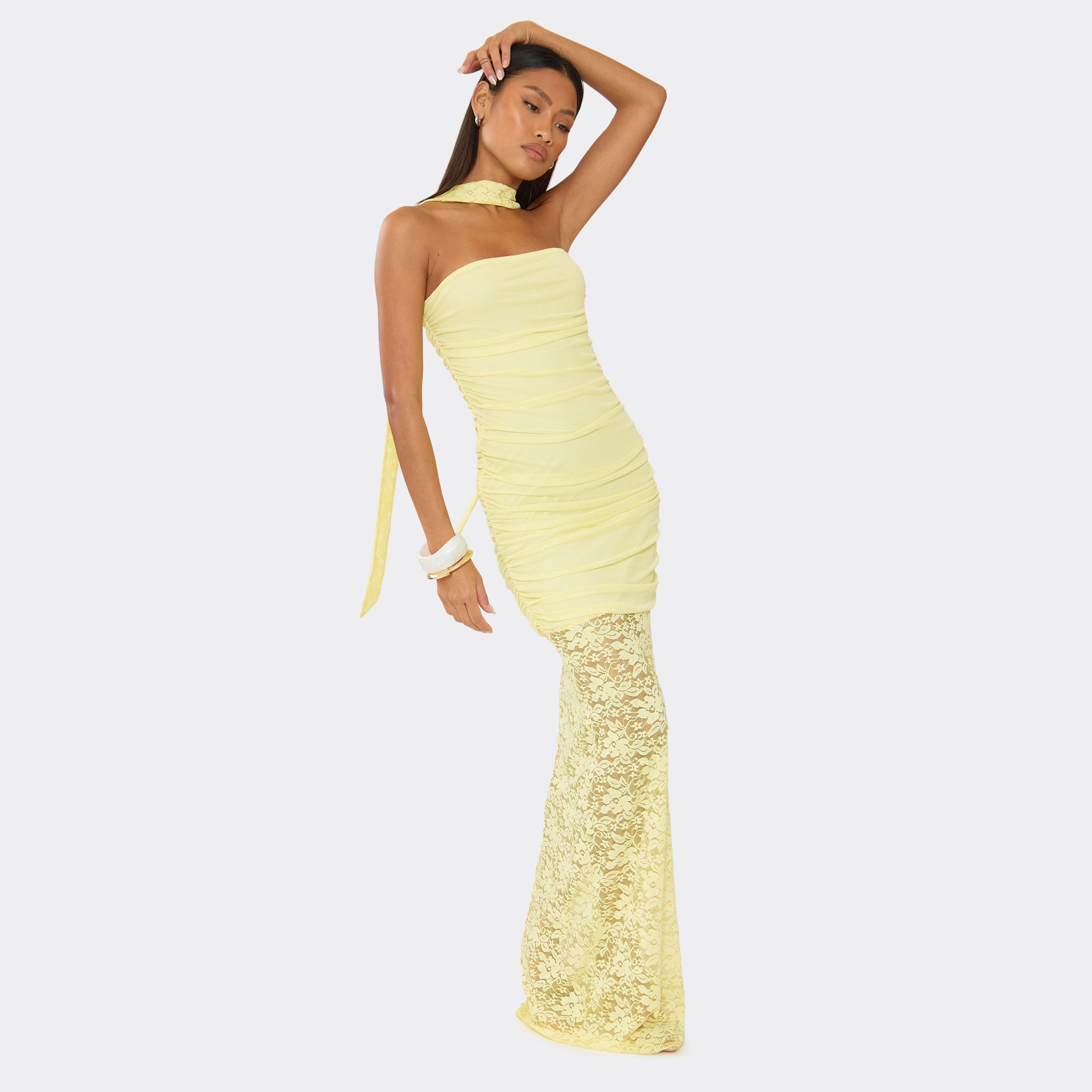 Bandeau Contrast Lace Maxi Dress With Scarf In Lemon, Women's Size UK 8
