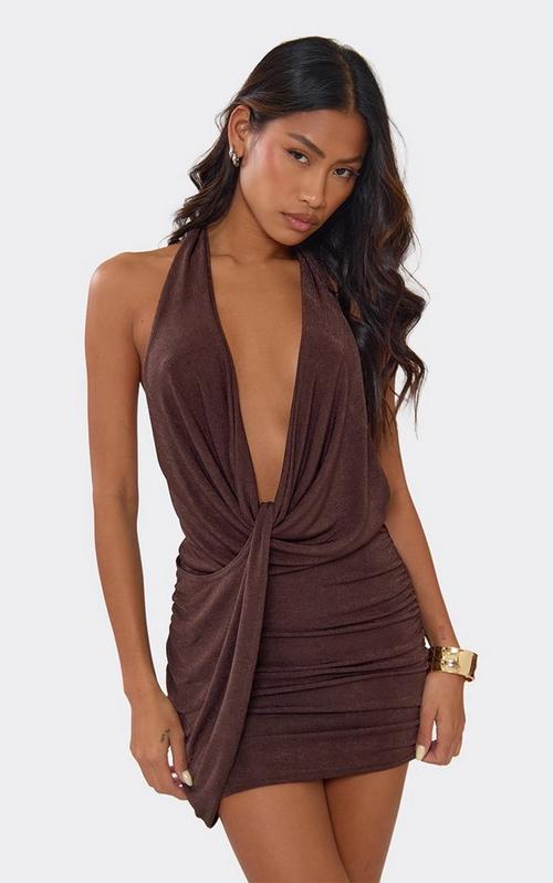 Off The Shoulder Draped Asymmetric Mini Dress In Chocolate Brown | EGO AU