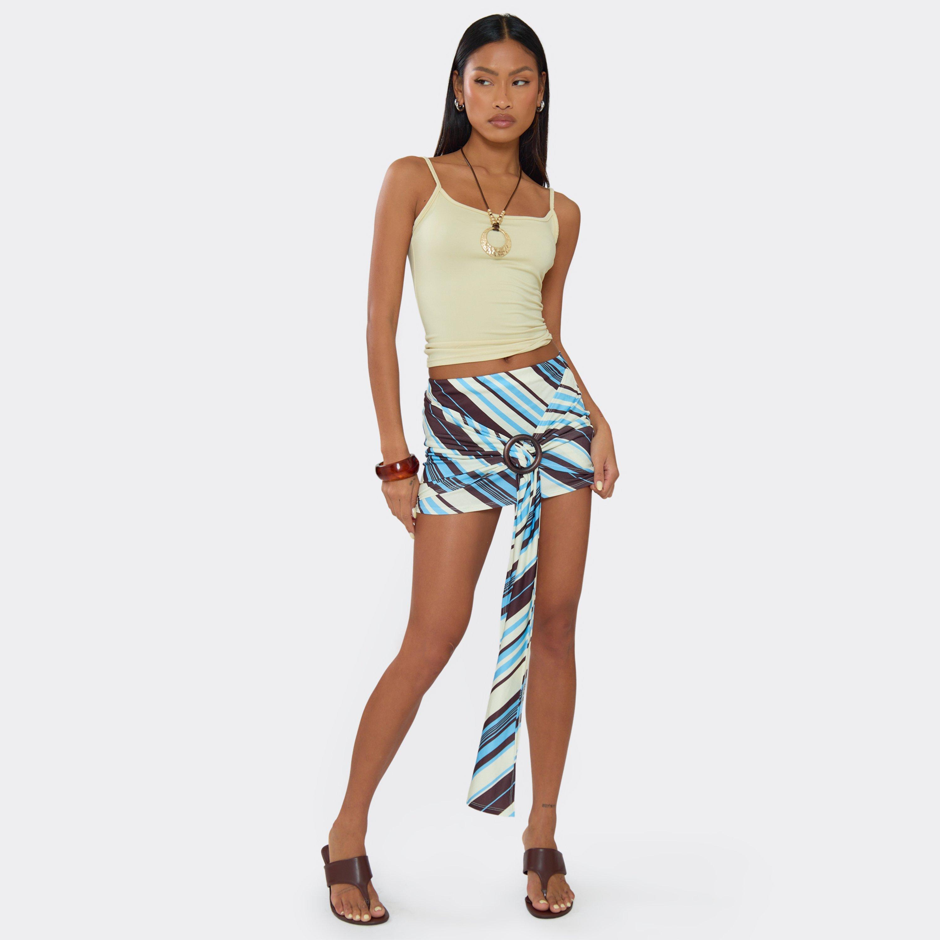 Mid Rise Trim Detail Draped Front Mini Skirt In Blue Stripe, Women’s