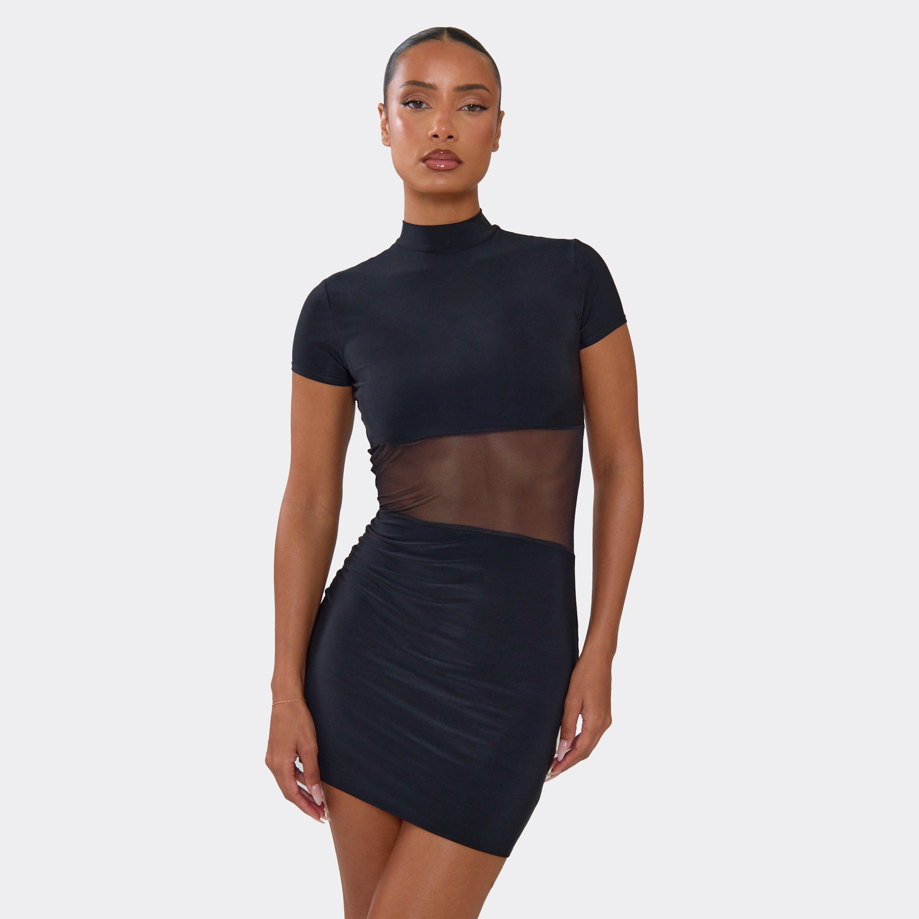 Short Sleeve High Neck Mesh Insert Mini Dress In Black, Women’s