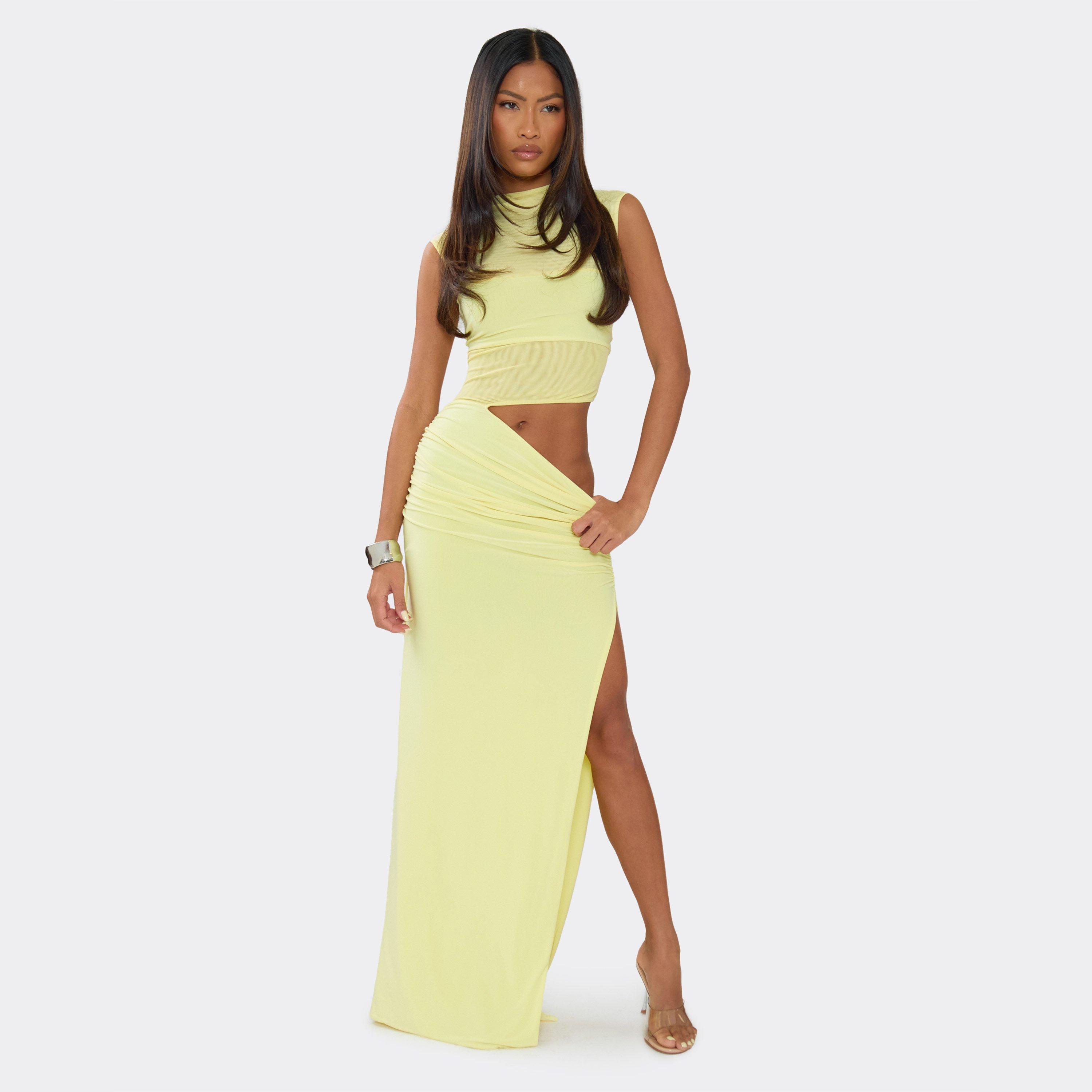 Short Sleeve High Neck Mesh Panel Cut Out Maxi Dress In Lemon, Women’s