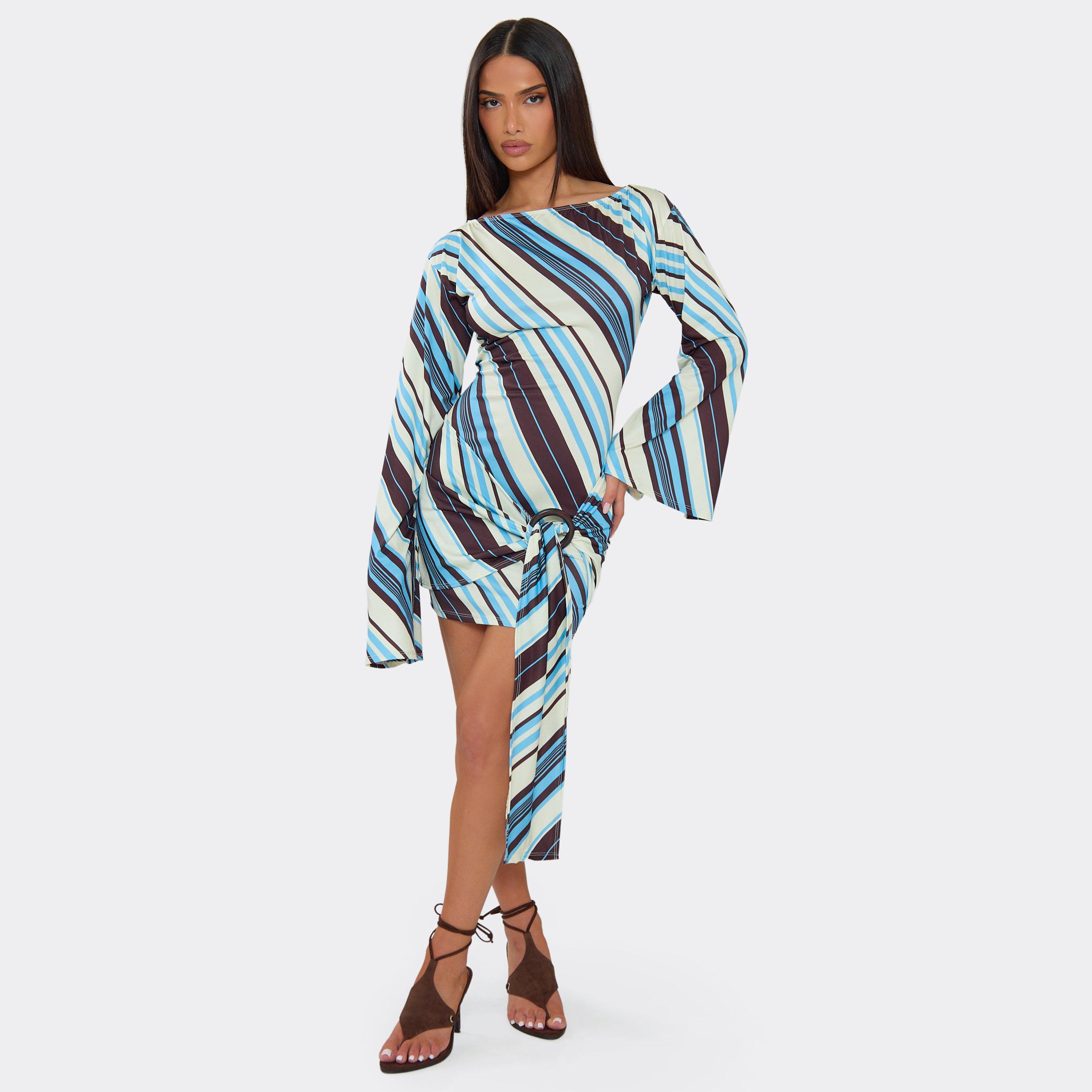 Long Flared Sleeve Trim Detail Draped Front Mini Dress In Blue Stripe, Women’s