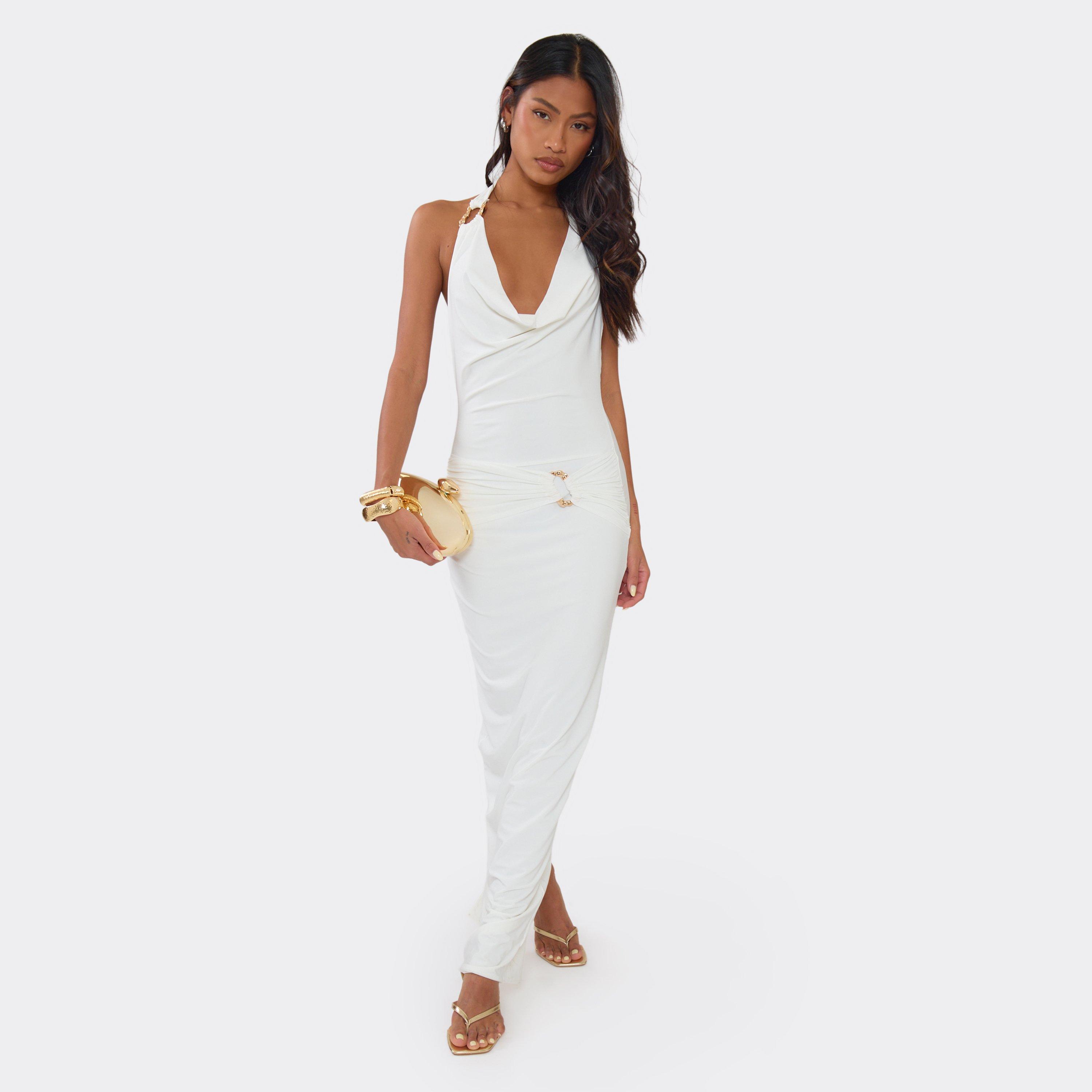 Cowl Front Halterneck Trim Detail Maxi Dress In White, Women’s