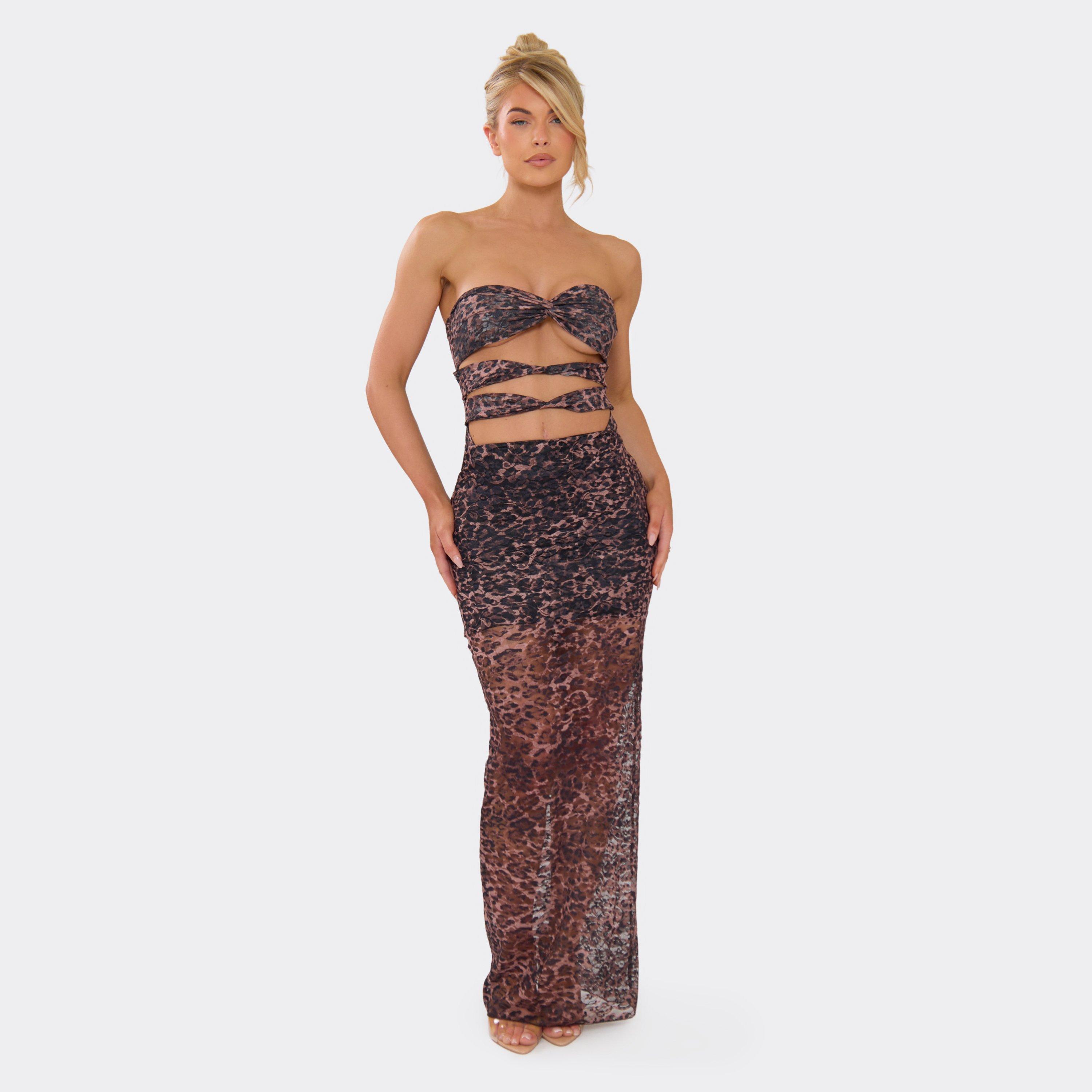 Maxi Skirt In Brown Leopard Print Mesh, Women's Size UK 12