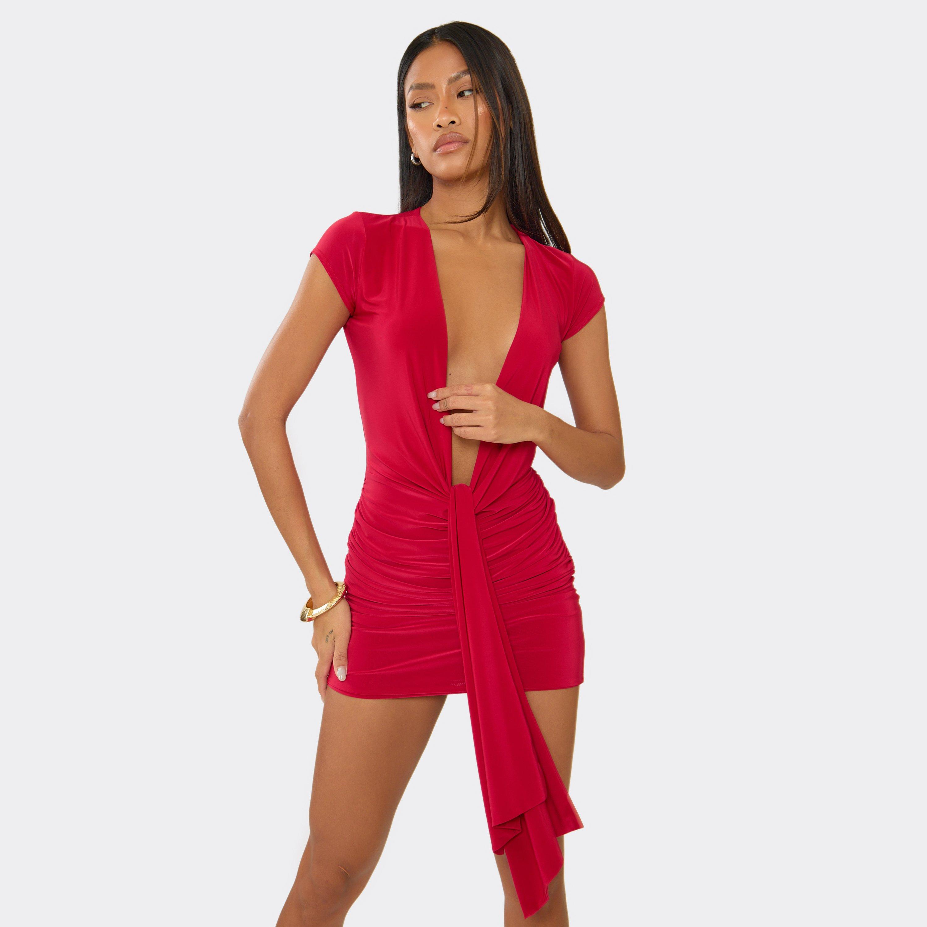 Cap Sleeve Plunge Front Drape Mini Dress In Red, Women’s