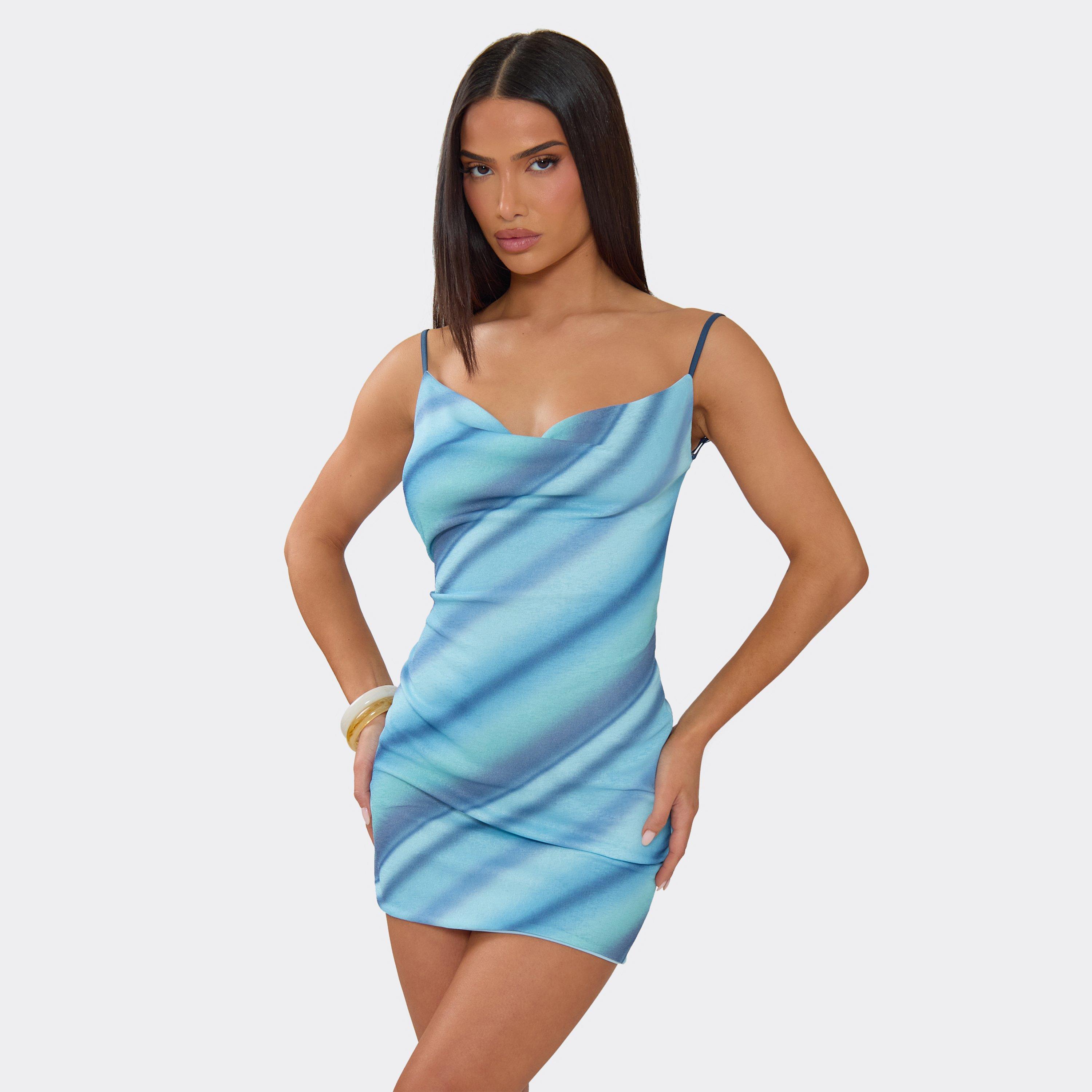 Cowl Neck Low Back Mini Dress In Blue Ombre Stripe, Women’s