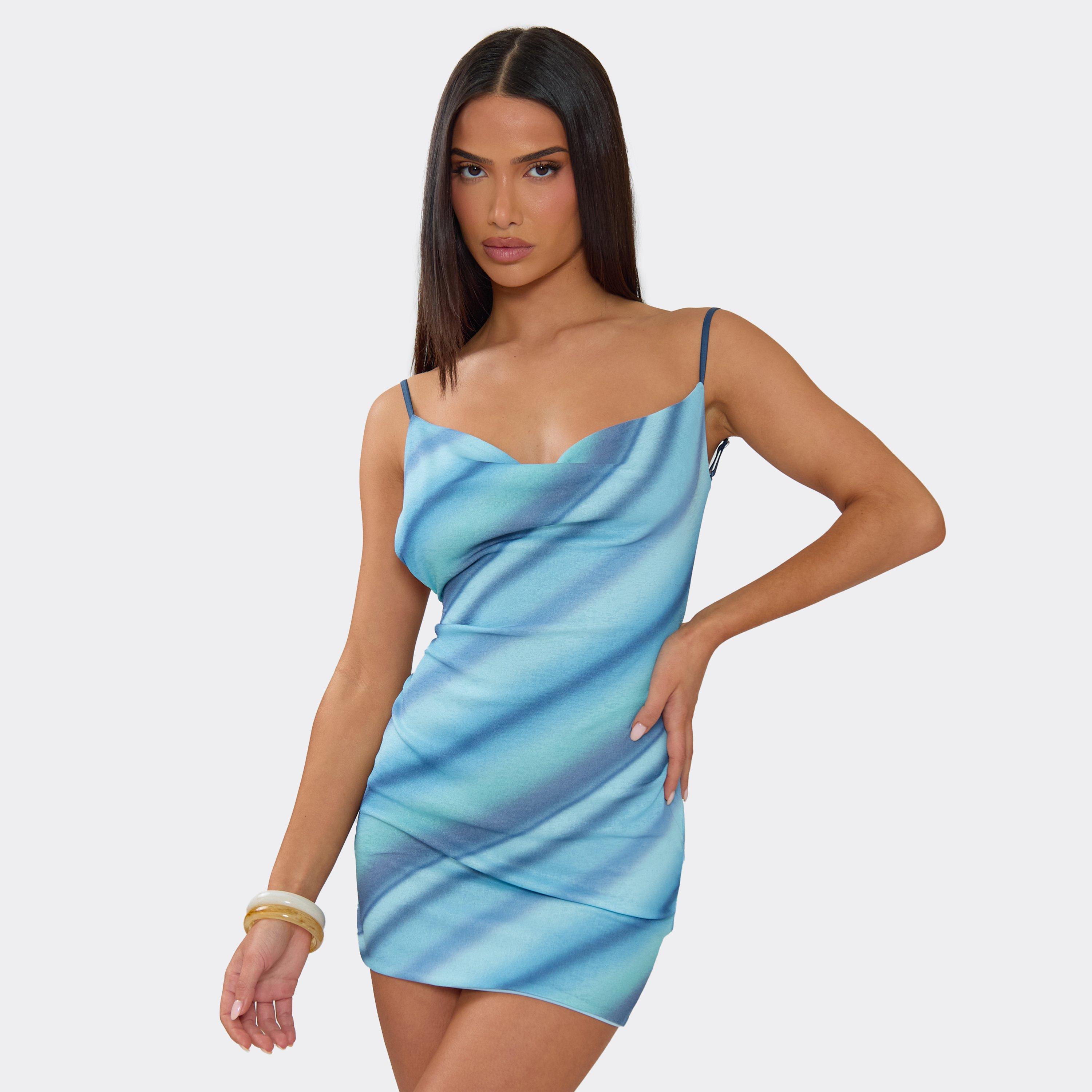 Cowl Neck Low Back Mini Dress In Blue Ombre Stripe, Women's Size UK 8