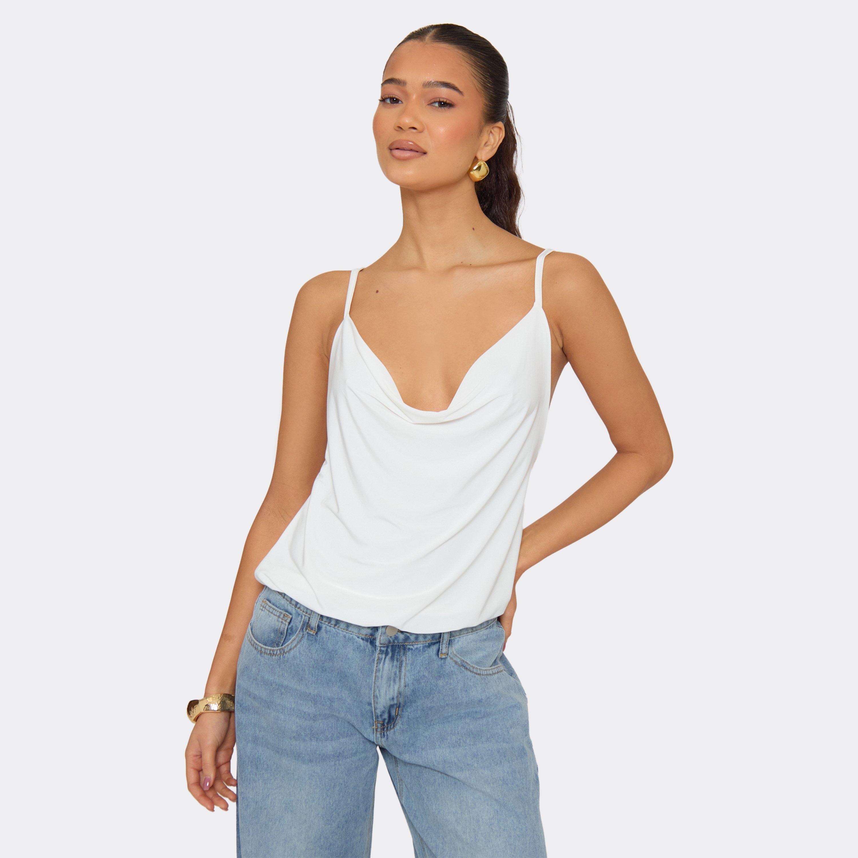 Image of Cowl Neck Trim Back Detail Top In White Slinky, Women's