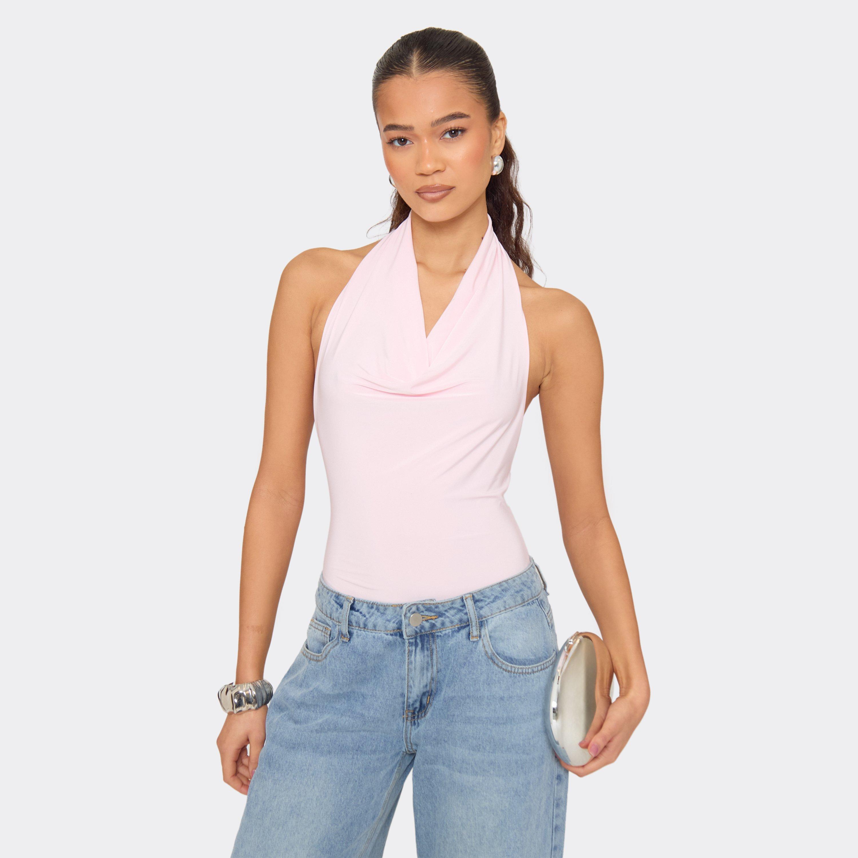 Halterneck Cowl Front Bodysuit In Baby Pink Slinky, Women’s
