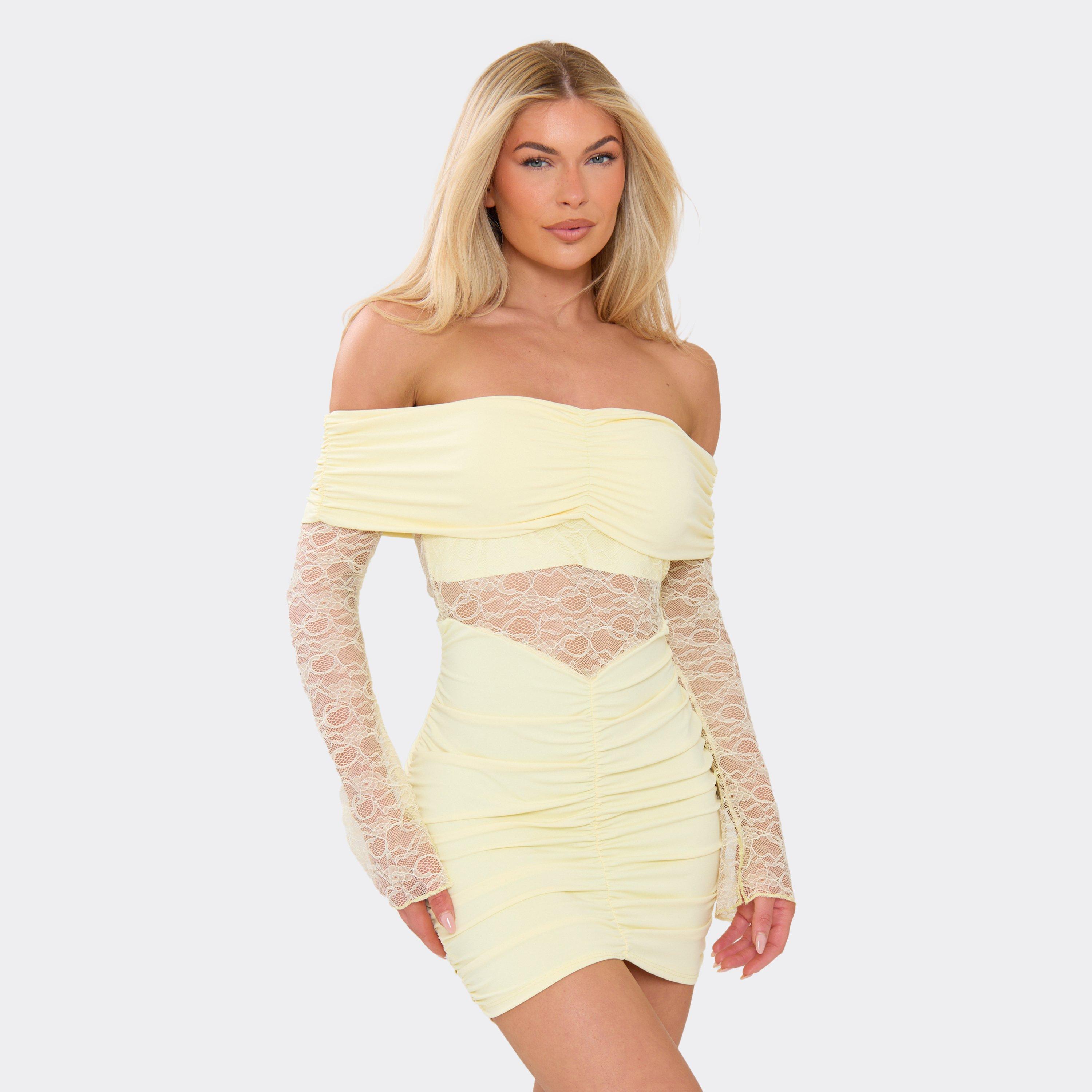 Long Sleeve Bardot Contrast Lace Ruched Mini Dress In Yellow, Women’s
