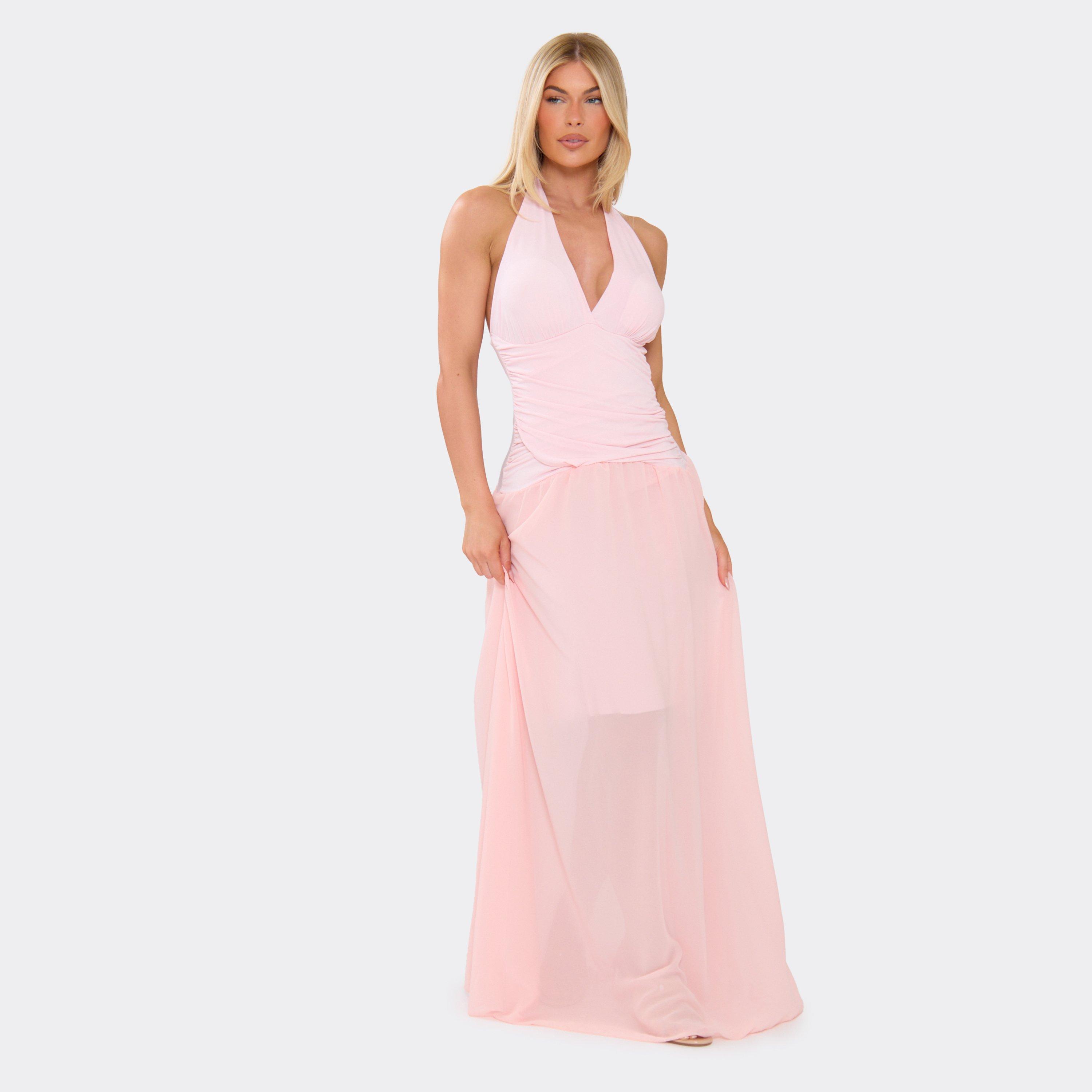Plunge Halterneck Dropped Waist Maxi Dress In Pink, Women’s