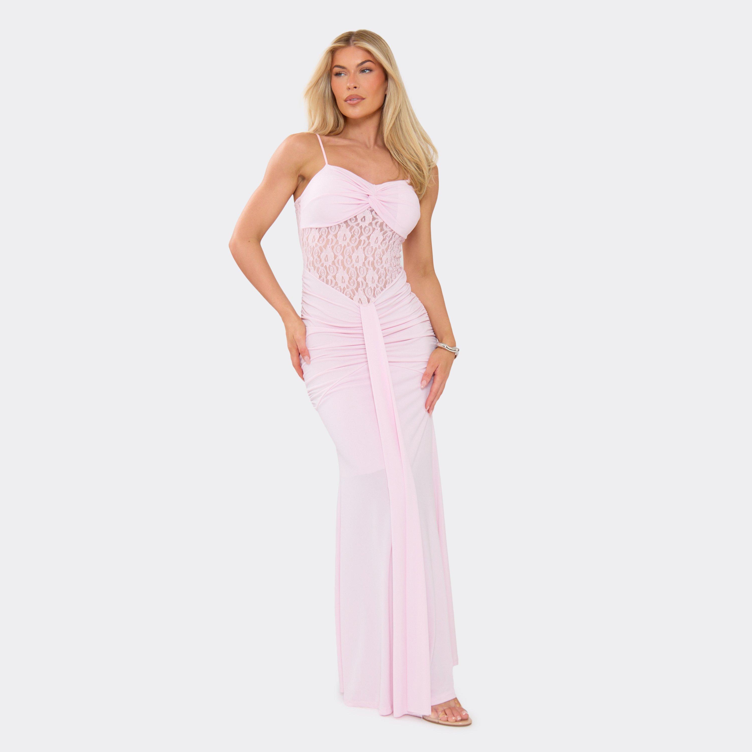 Strappy Twisted Bust Draped Detail Lace Insert Maxi Dress In Pink, Women’s