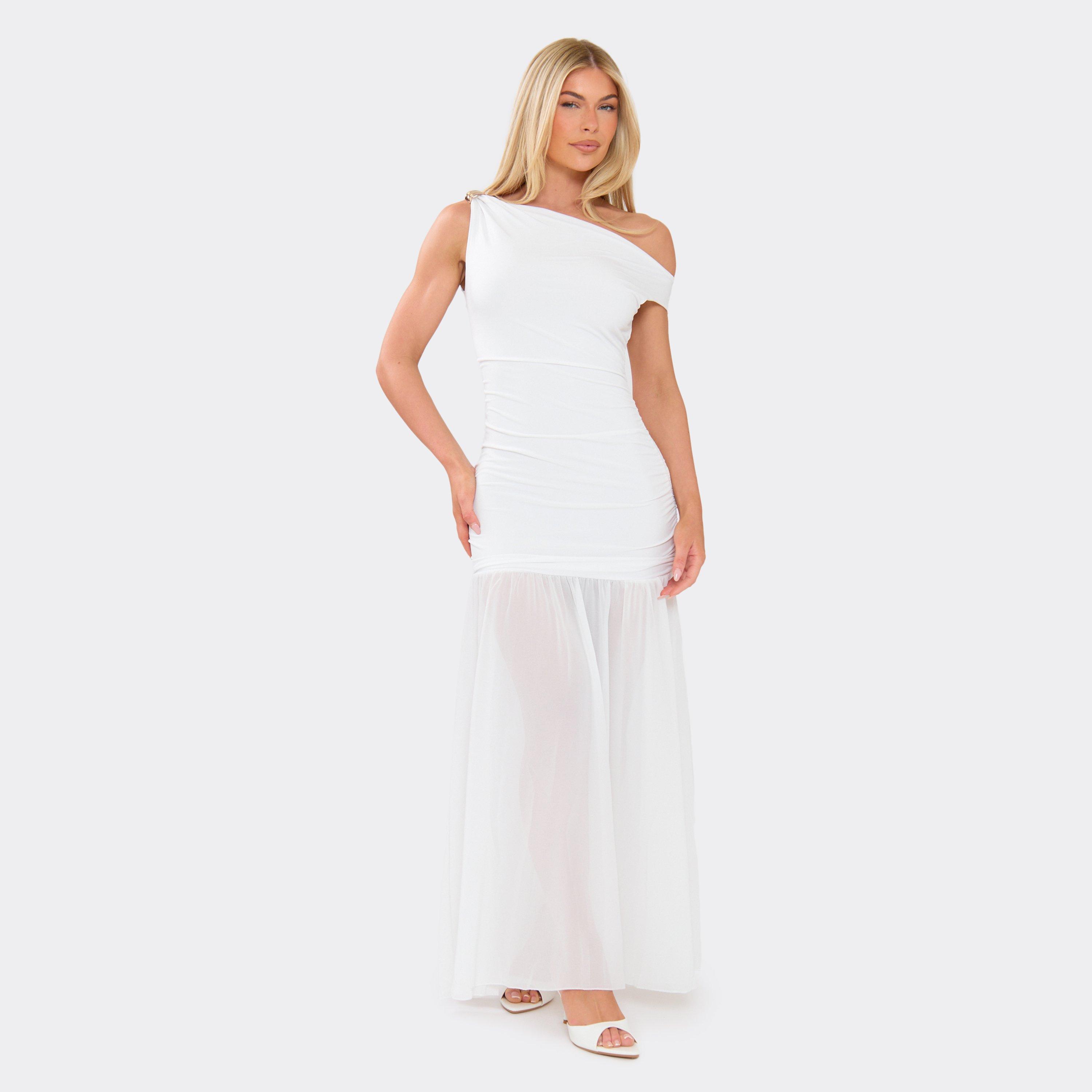 Asymmetric Neck Trim Ruched Drop Waist Maxi Dress In White, Women's Size UK L