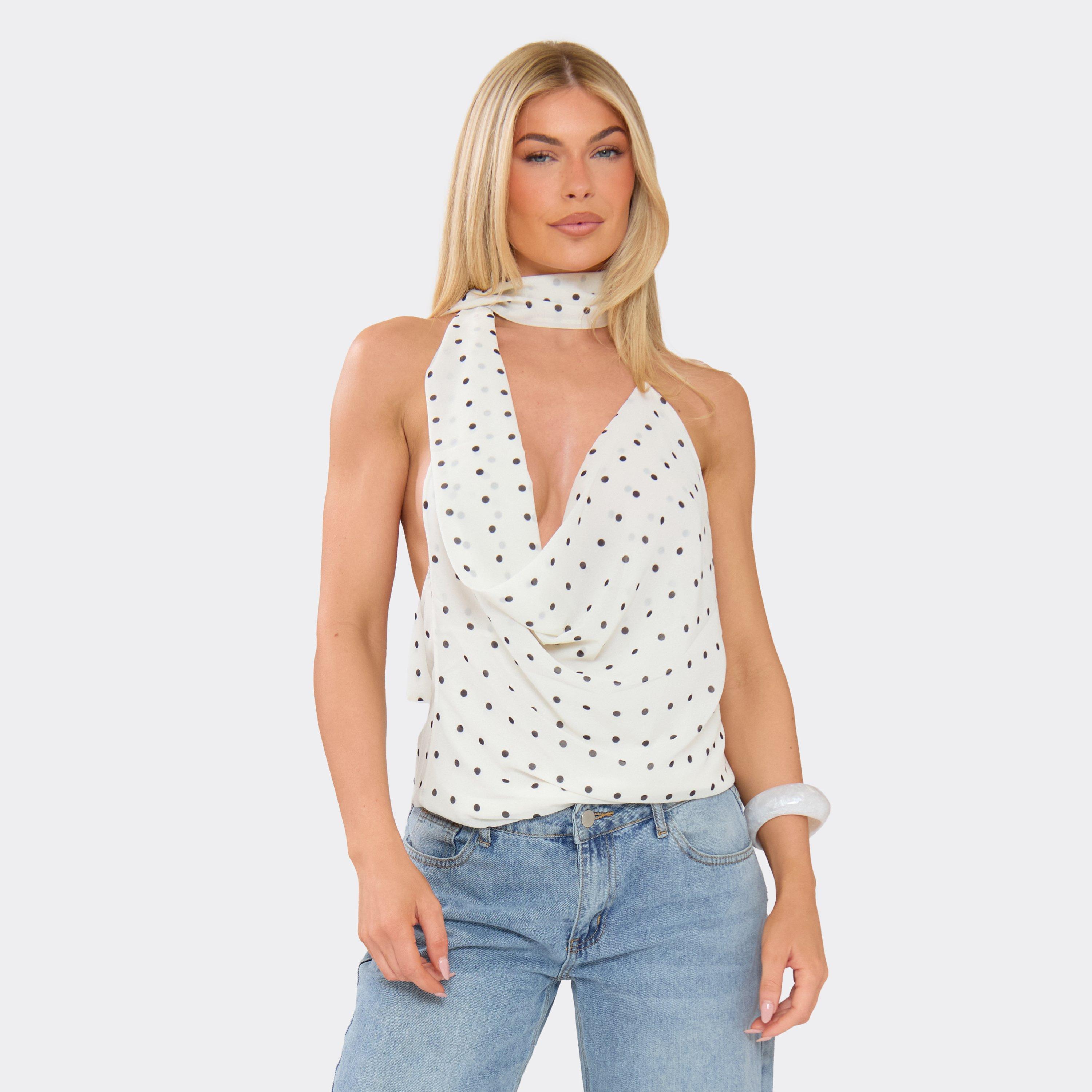 Image of Cowl Neck Scarf Top In White Polka Dot, Women's Size UK L