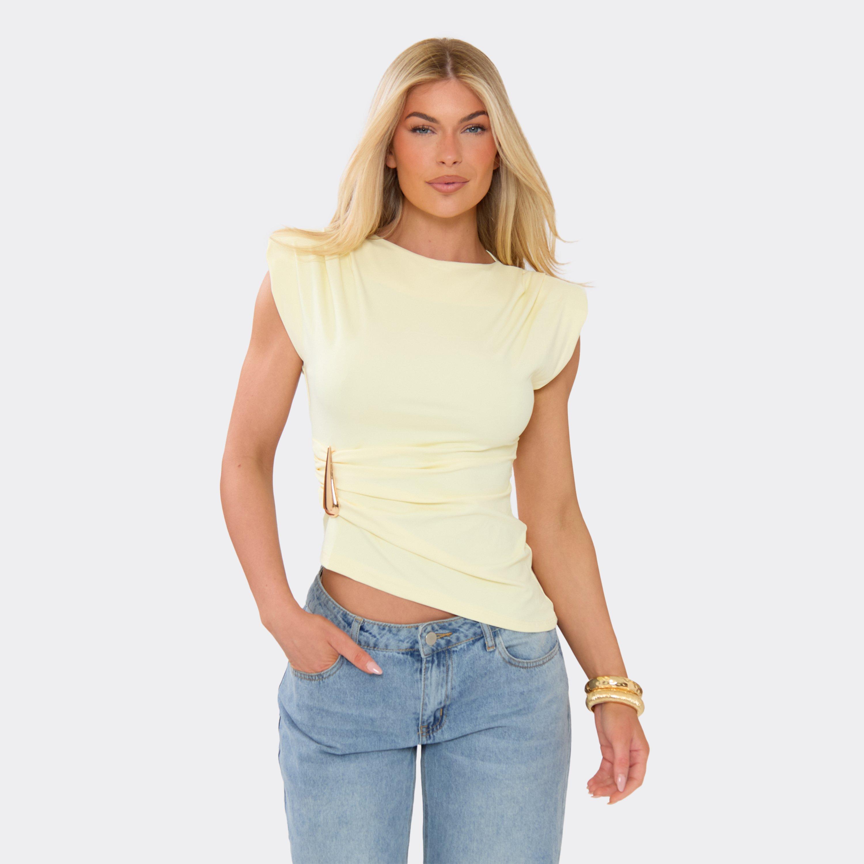 Image of Shoulder Pad Ruched Trim Detail Top In Lemon, Women's Size UK L