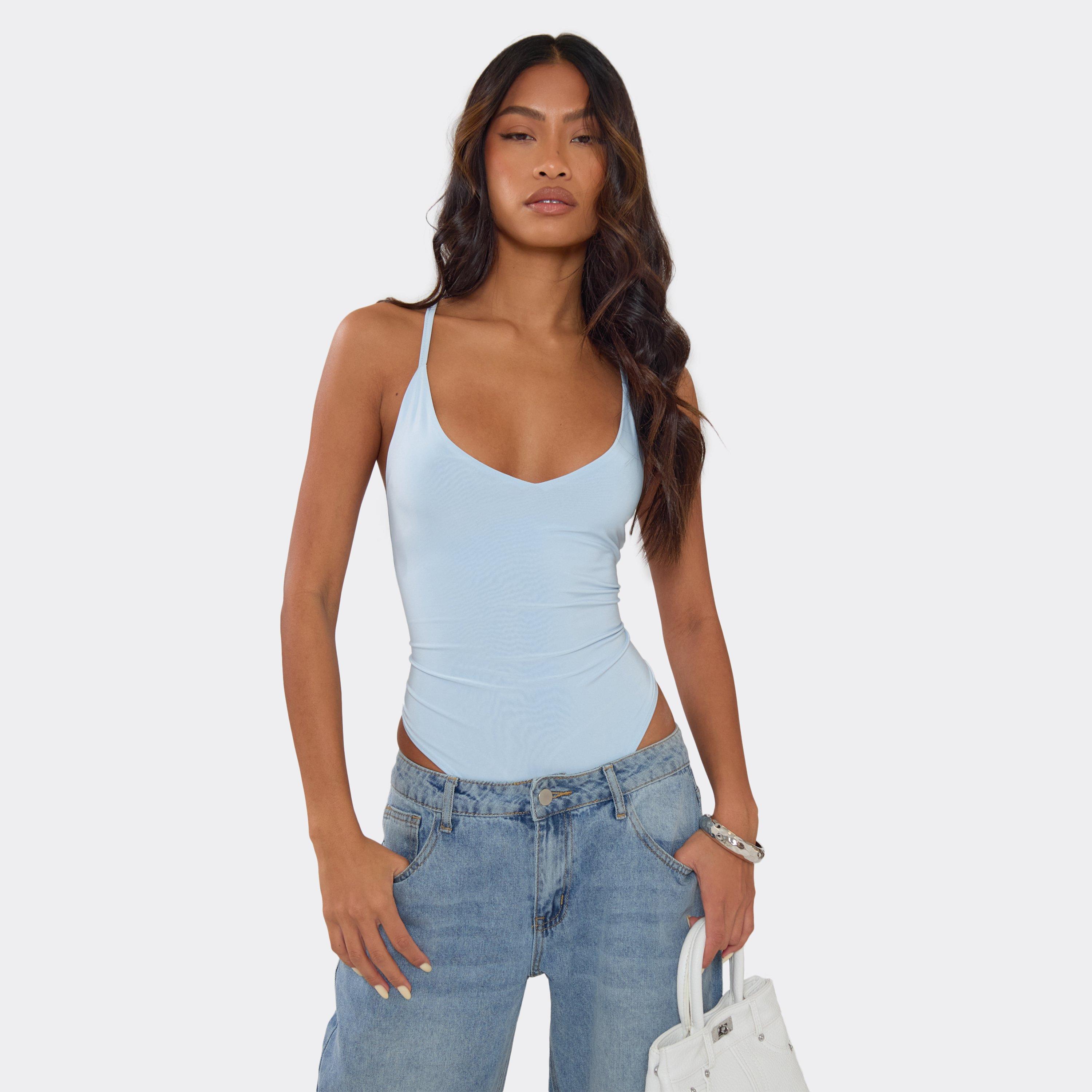 Strappy Cross Back Detail Bodysuit In Baby Blue Slinky, Women’s