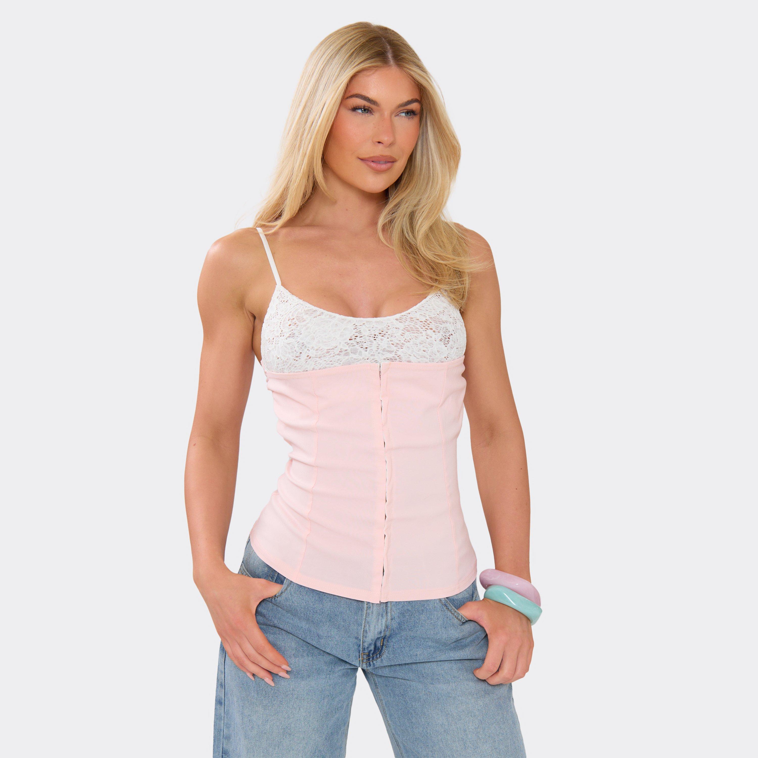 Strappy Contrast Lace Hook And Eye Corset Top In Baby Pink, Women’s
