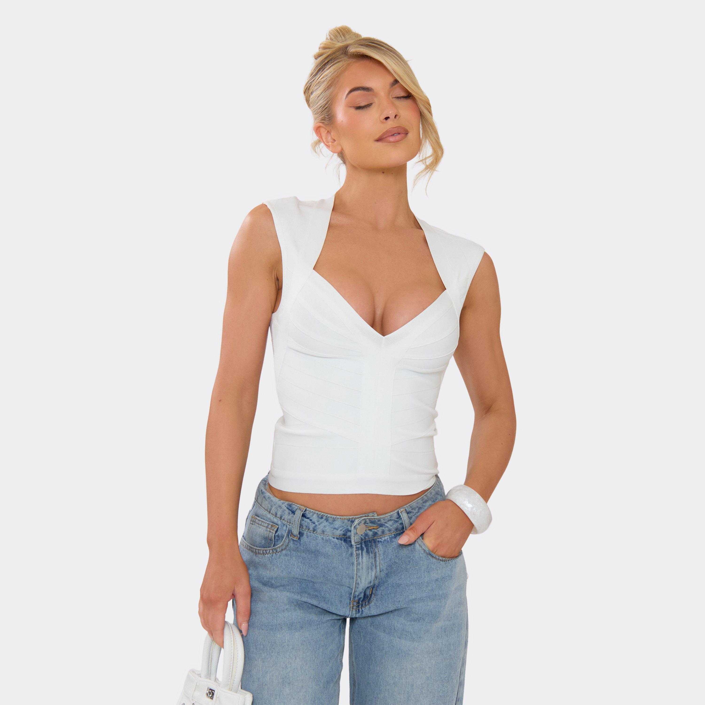 Image of Plunge Neck Cap Sleeve Top In White Bandage, Women's