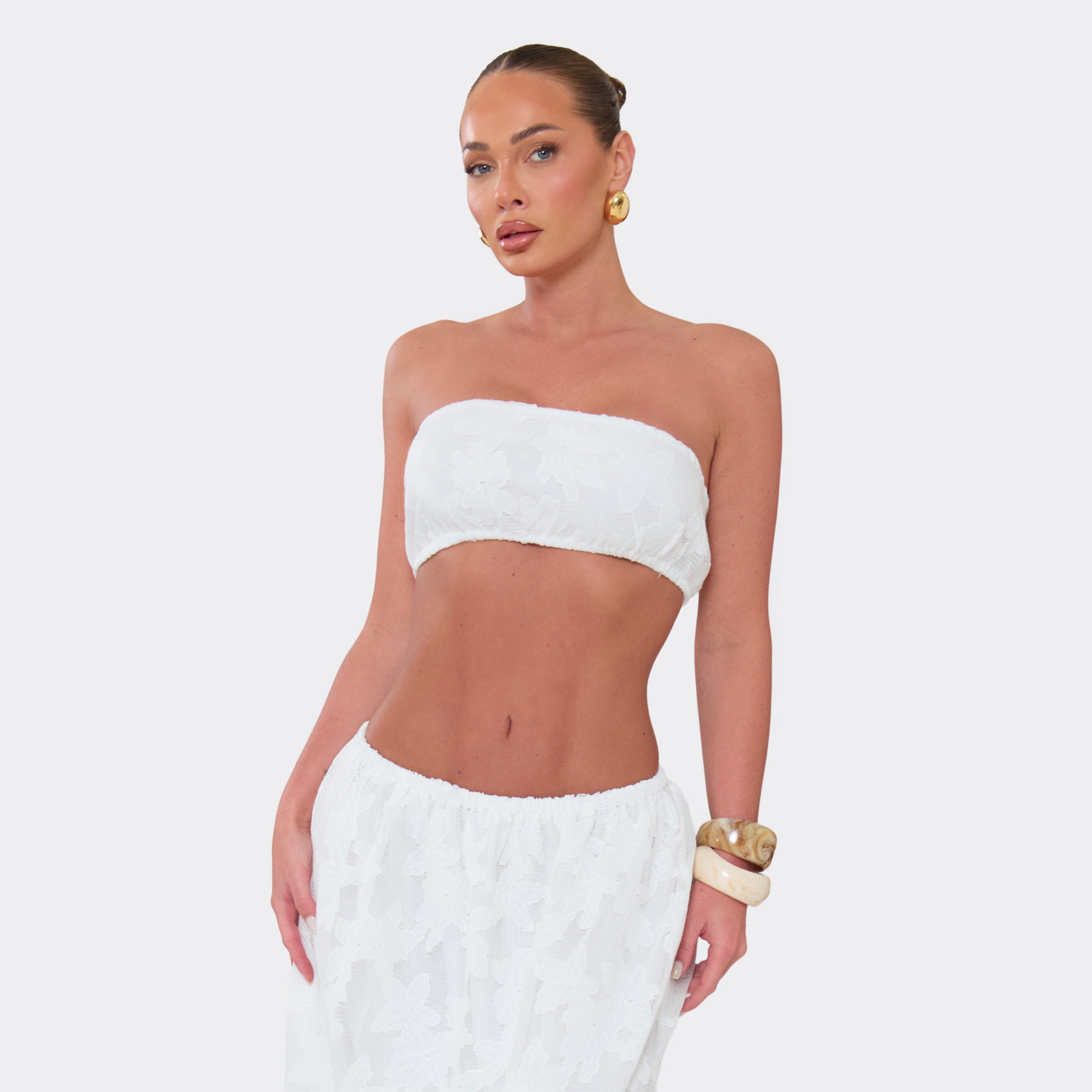 Bandeau Crop Top In White Floral Print Texture, Women's Size UK 12