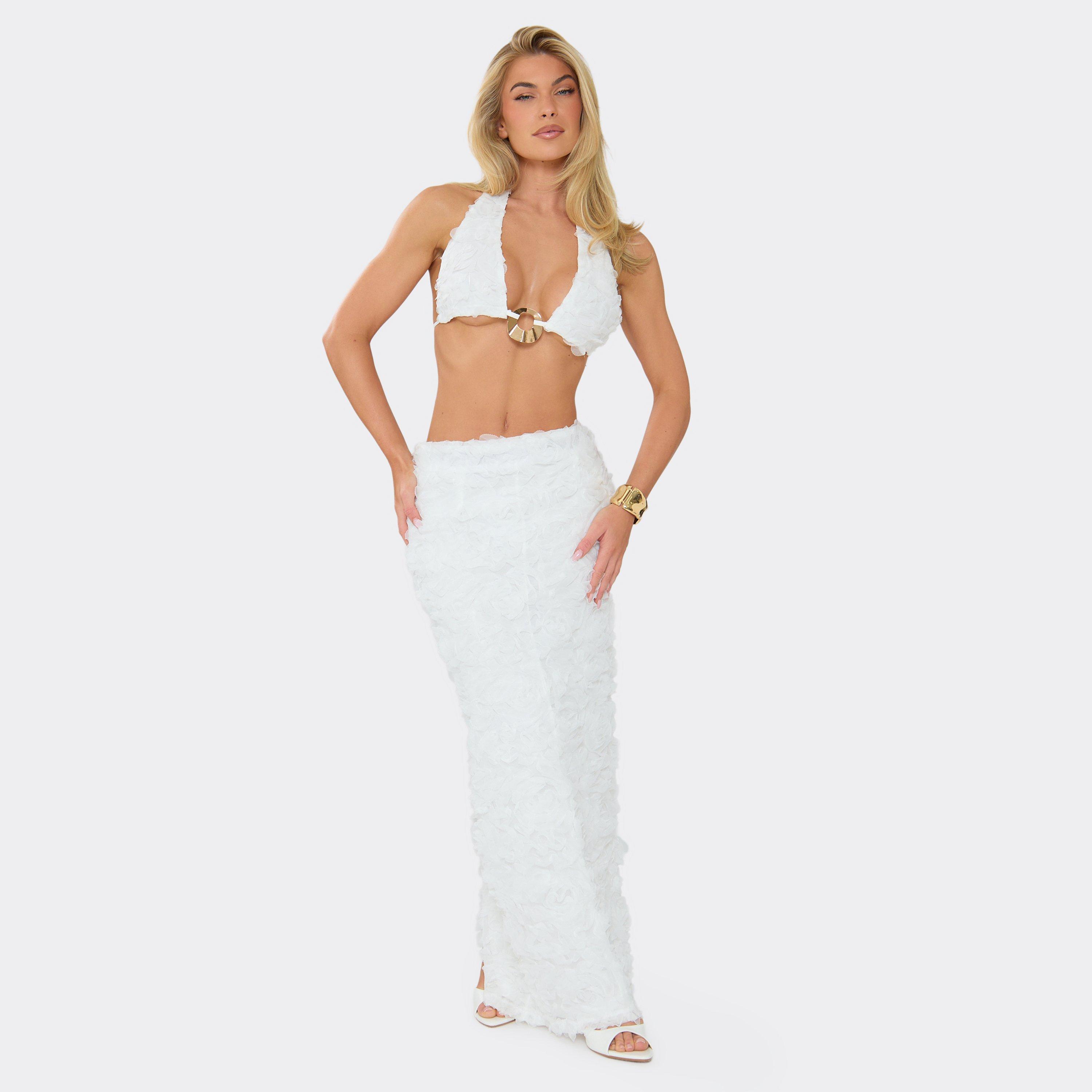 Low Rise Maxi Skirt In White Texture, Women's Size UK 12