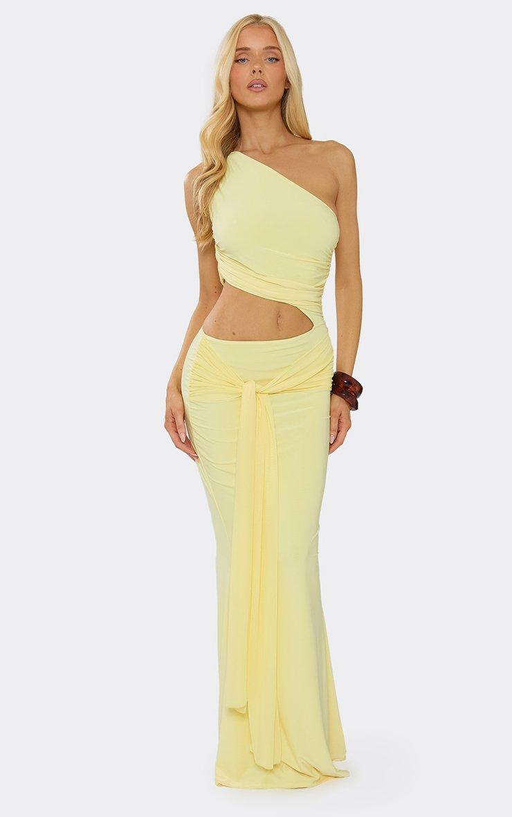yellow one shoulder maxi dress Toperth Embroidered Floral One-Shoulder Toperth defined by cascading drapes and figure One Shoulder Flower Appliques Split
