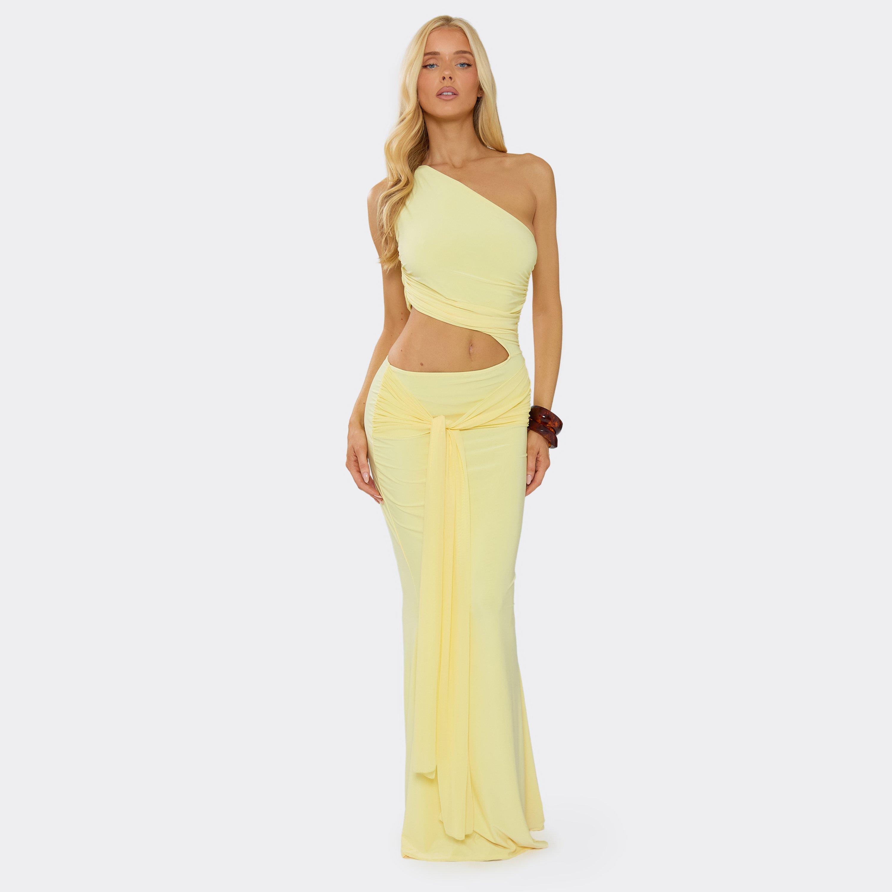 One Shoulder Cut Out Side Draped Front Maxi Dress In Yellow, Women's Size UK 8